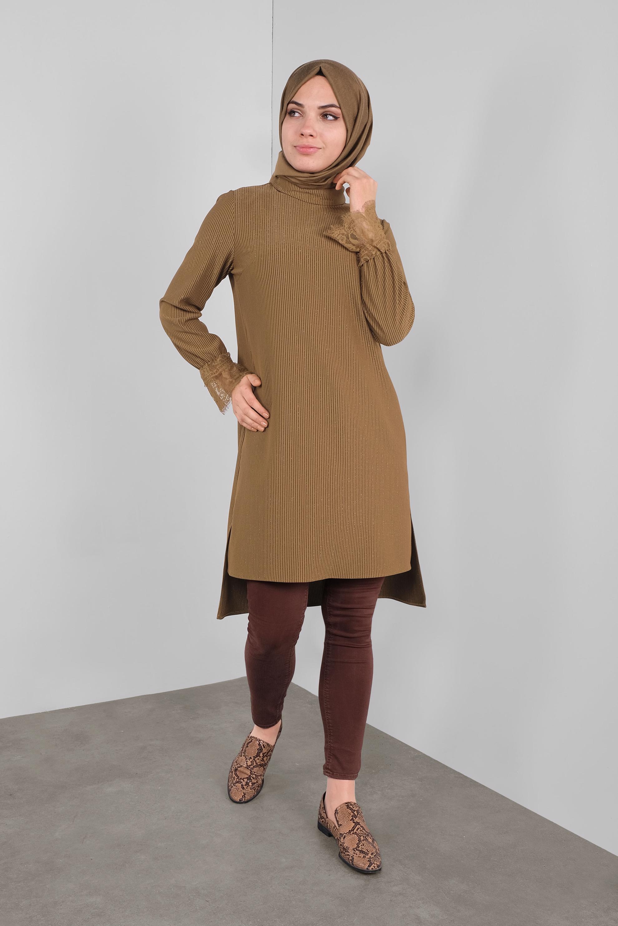Tesettür giyim KAHVE SİMLİ FİTİLLİ BOĞAZLI TUNİK 41306 