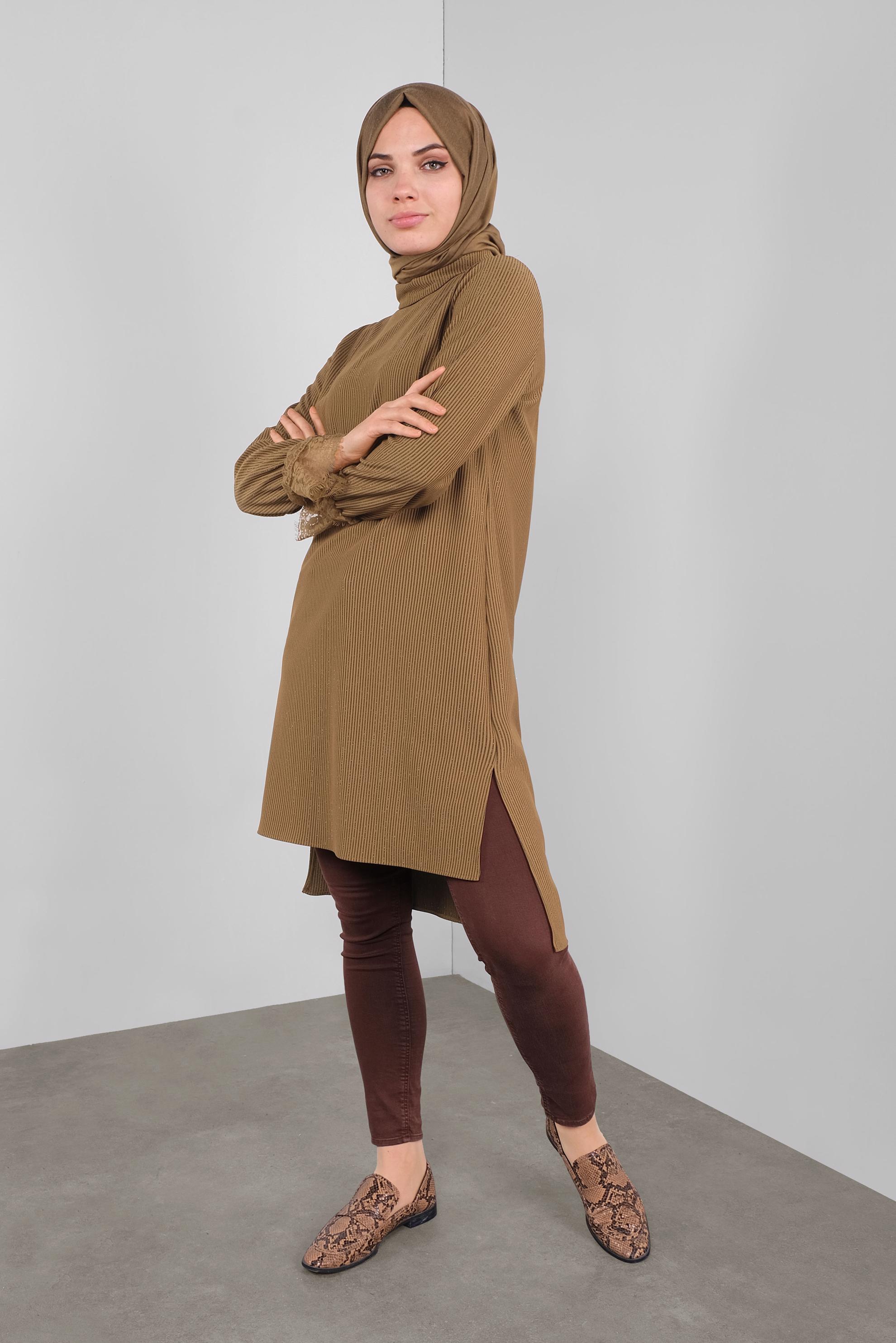 Tesettür giyim KAHVE SİMLİ FİTİLLİ BOĞAZLI TUNİK 41306 
