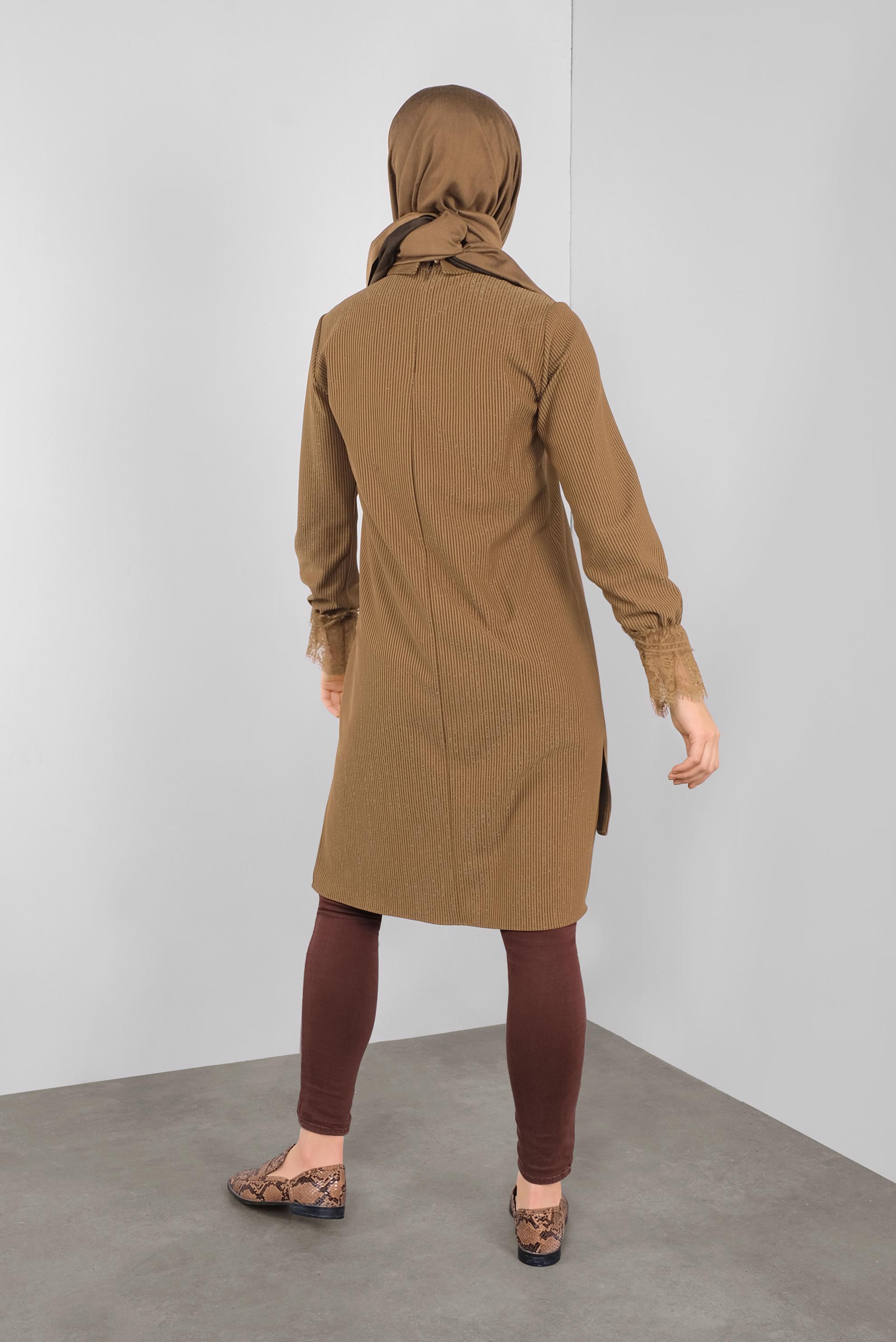 Tesettür giyim KAHVE SİMLİ FİTİLLİ BOĞAZLI TUNİK 41306 