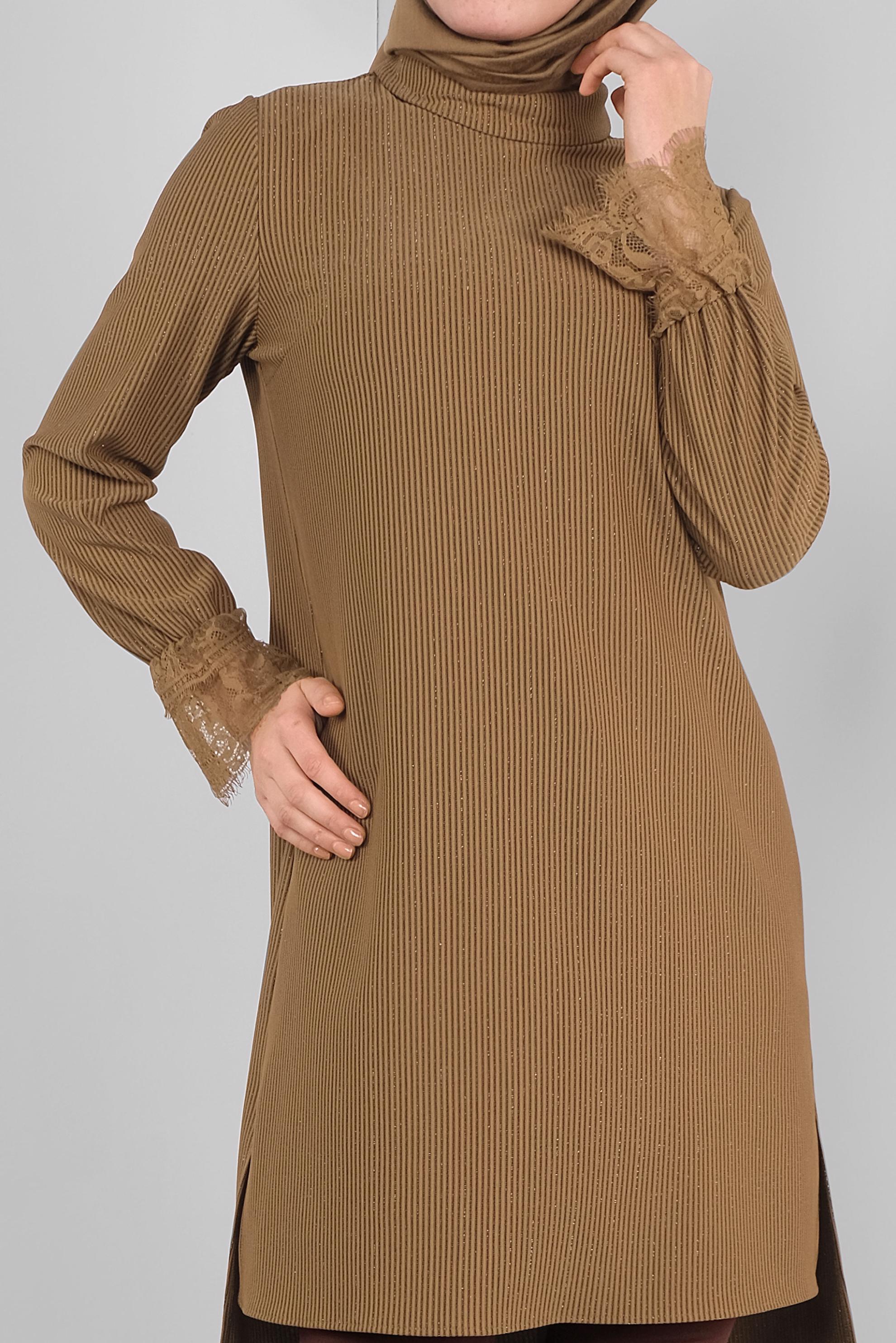 Tesettür giyim KAHVE SİMLİ FİTİLLİ BOĞAZLI TUNİK 41306 