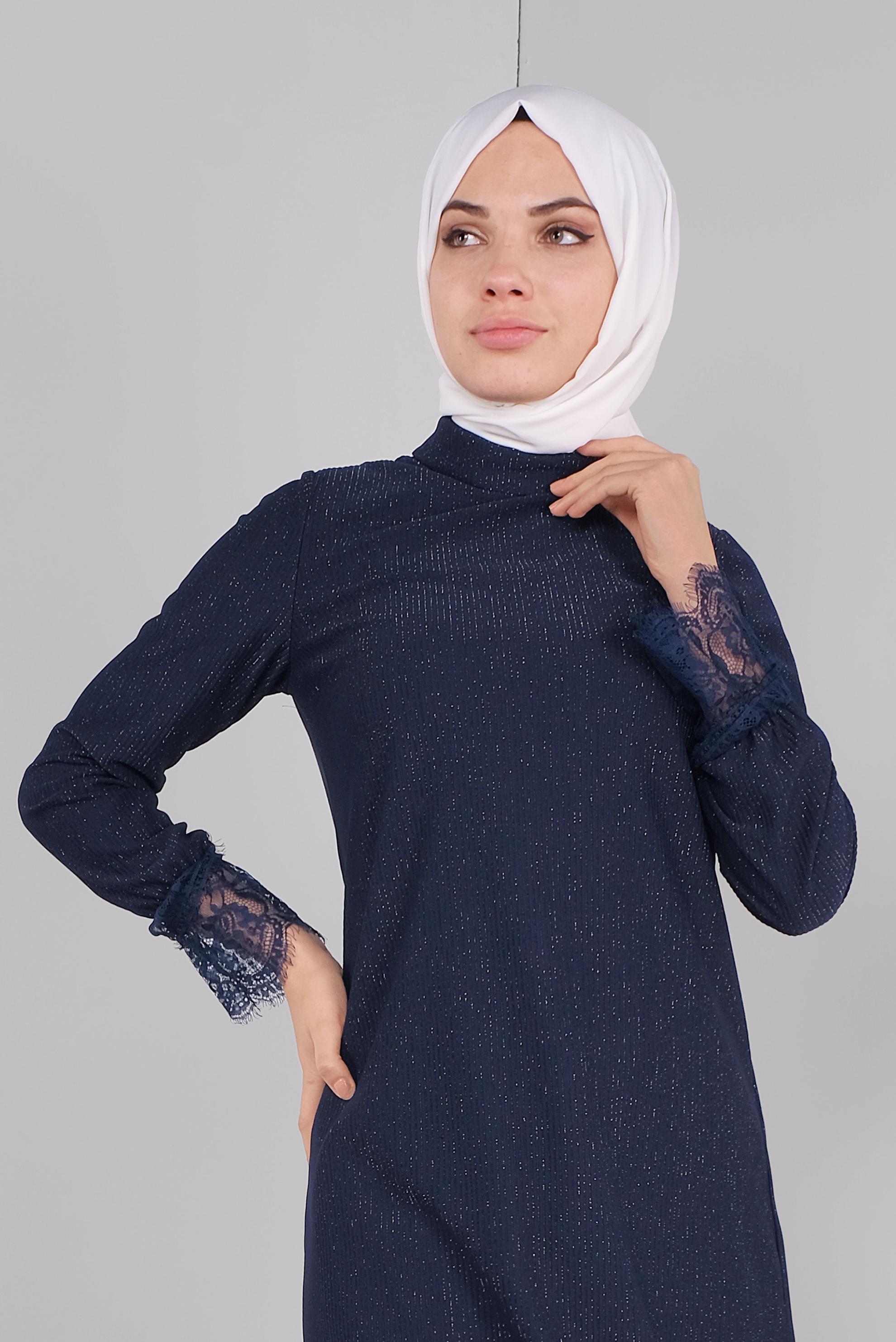 Tesettür giyim LACİVERT SİMLİ FİTİLLİ BOĞAZLI TUNİK 41306 