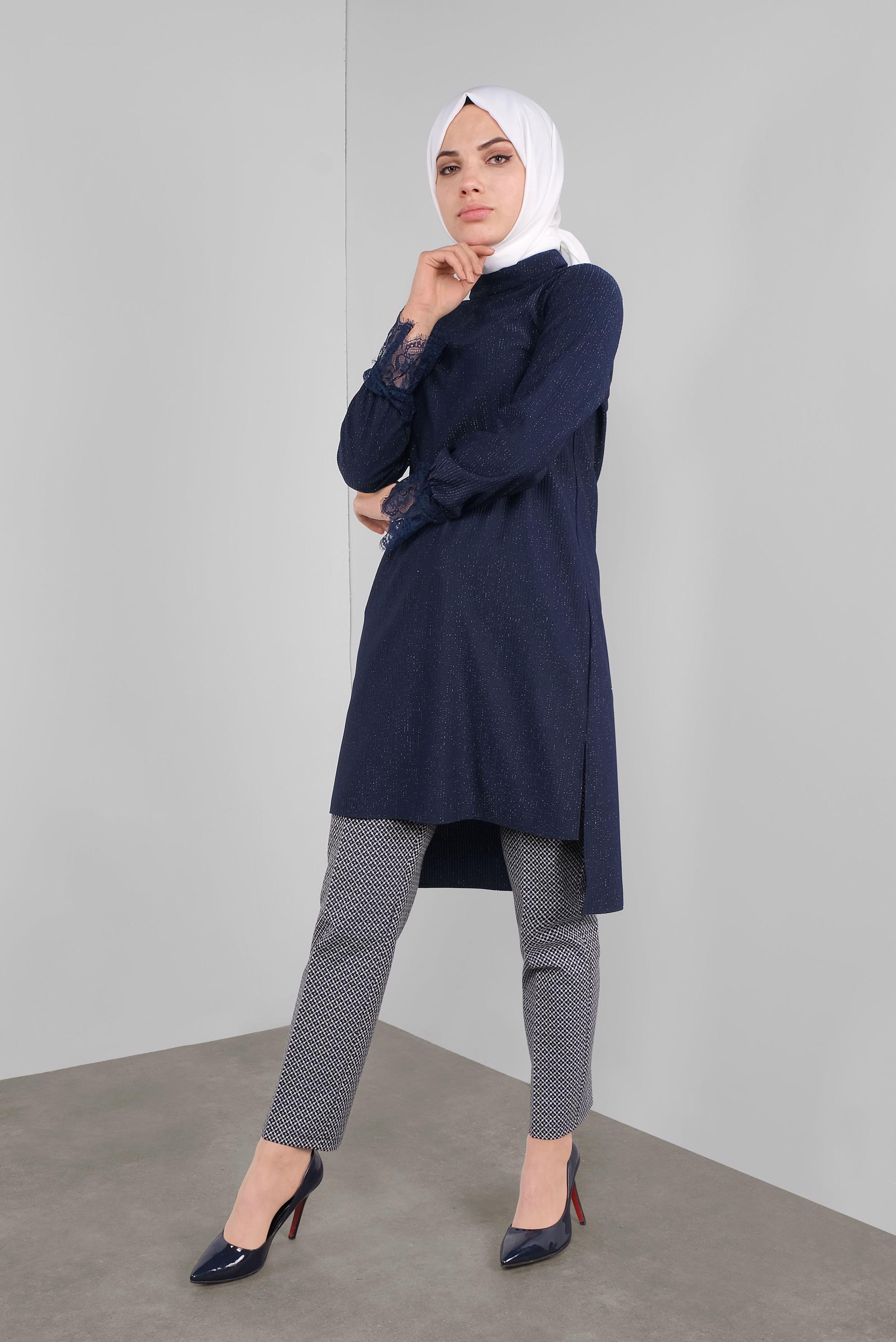 Tesettür giyim LACİVERT SİMLİ FİTİLLİ BOĞAZLI TUNİK 41306 