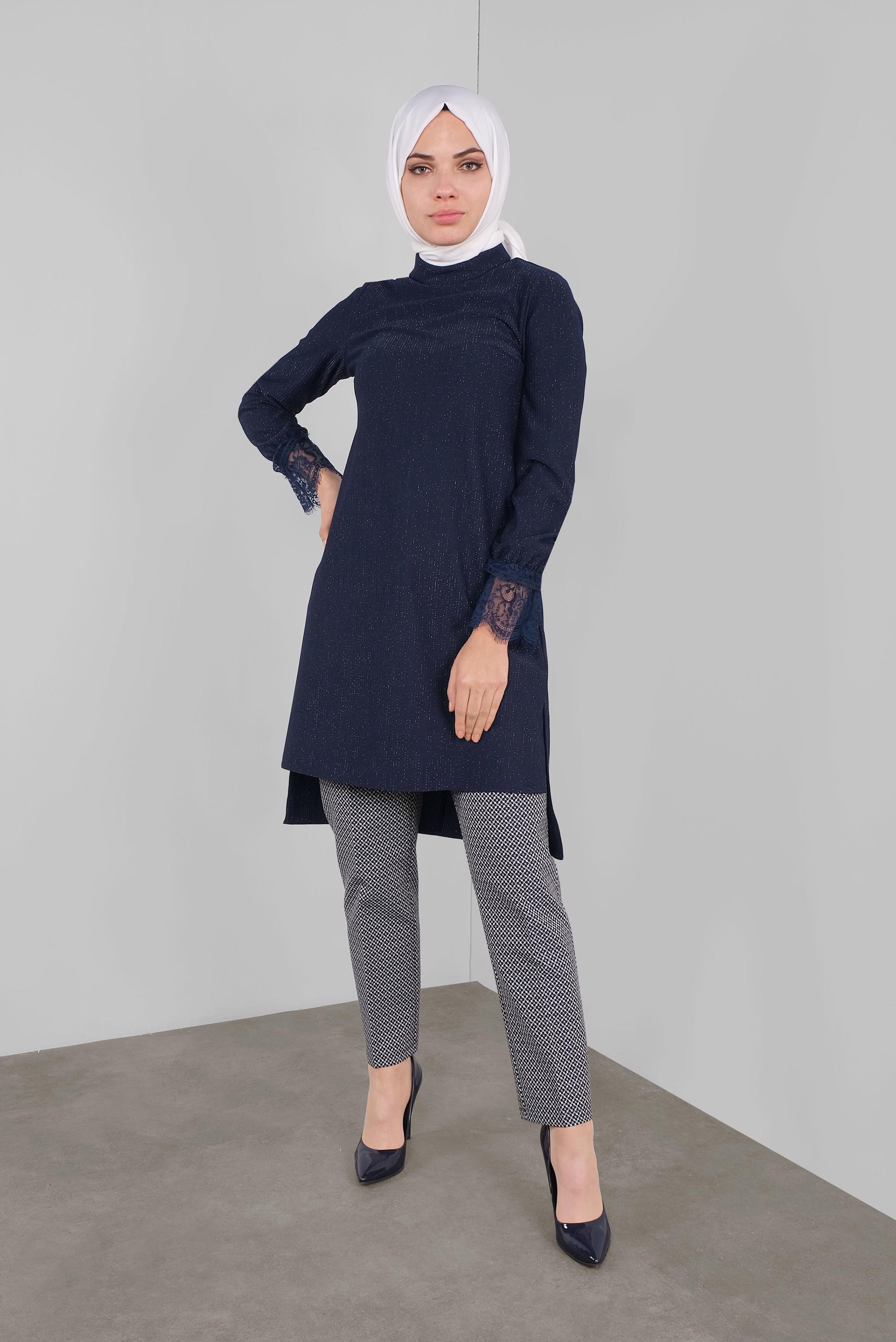 Tesettür giyim LACİVERT SİMLİ FİTİLLİ BOĞAZLI TUNİK 41306 