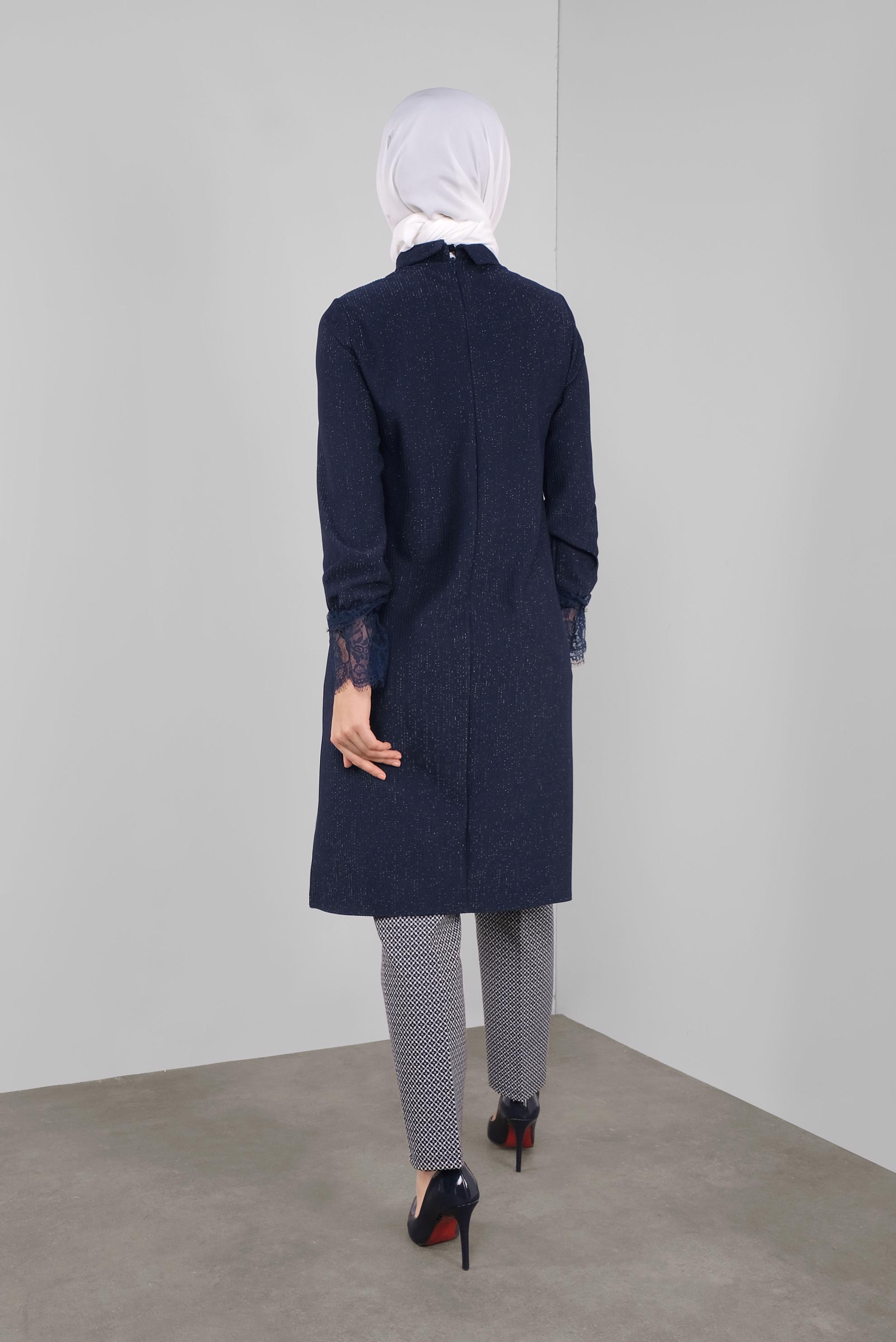 Tesettür giyim LACİVERT SİMLİ FİTİLLİ BOĞAZLI TUNİK 41306 