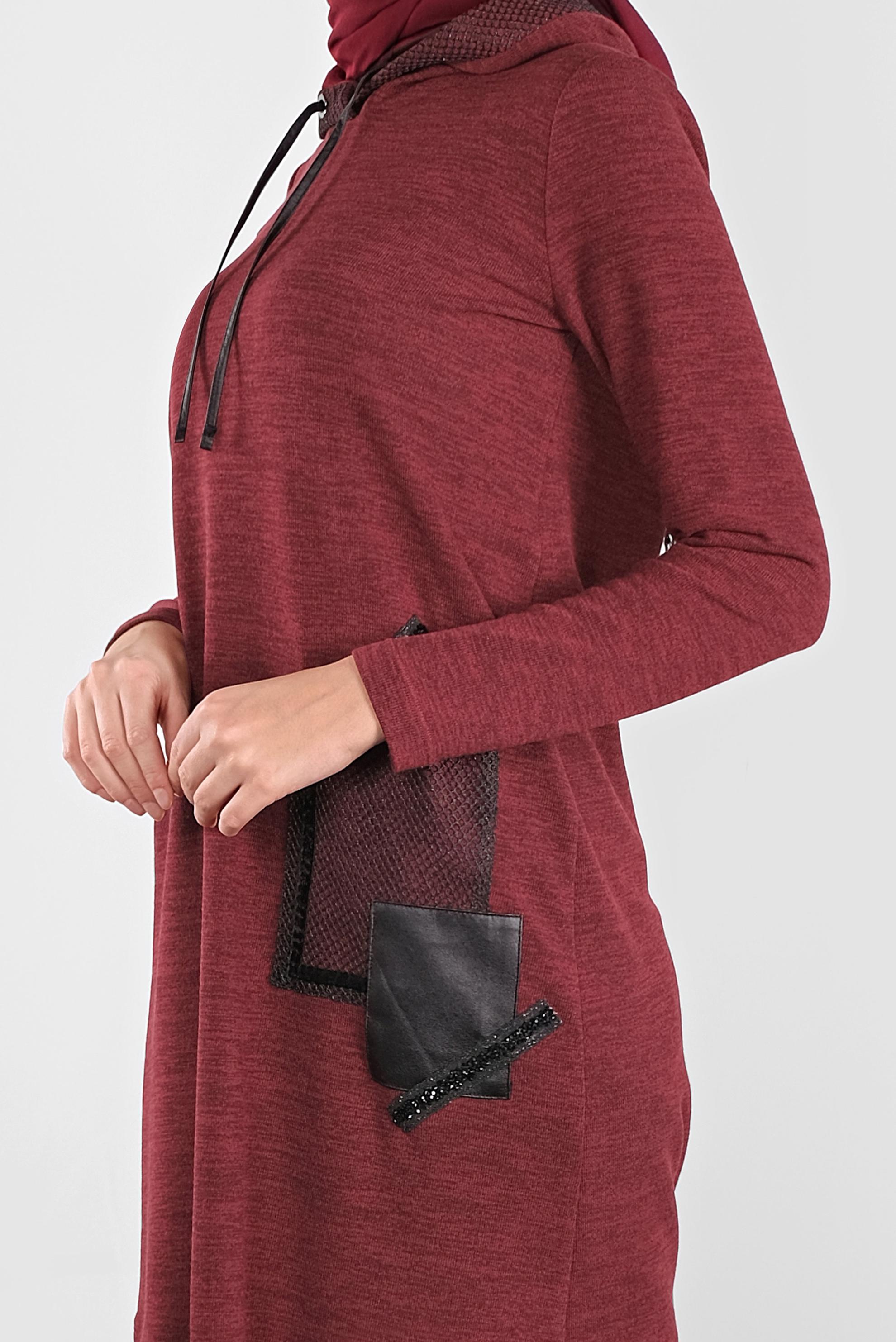 Tesettür giyim BORDO KAPÜŞONLU FİLE DETAYLI TUNİK 41307