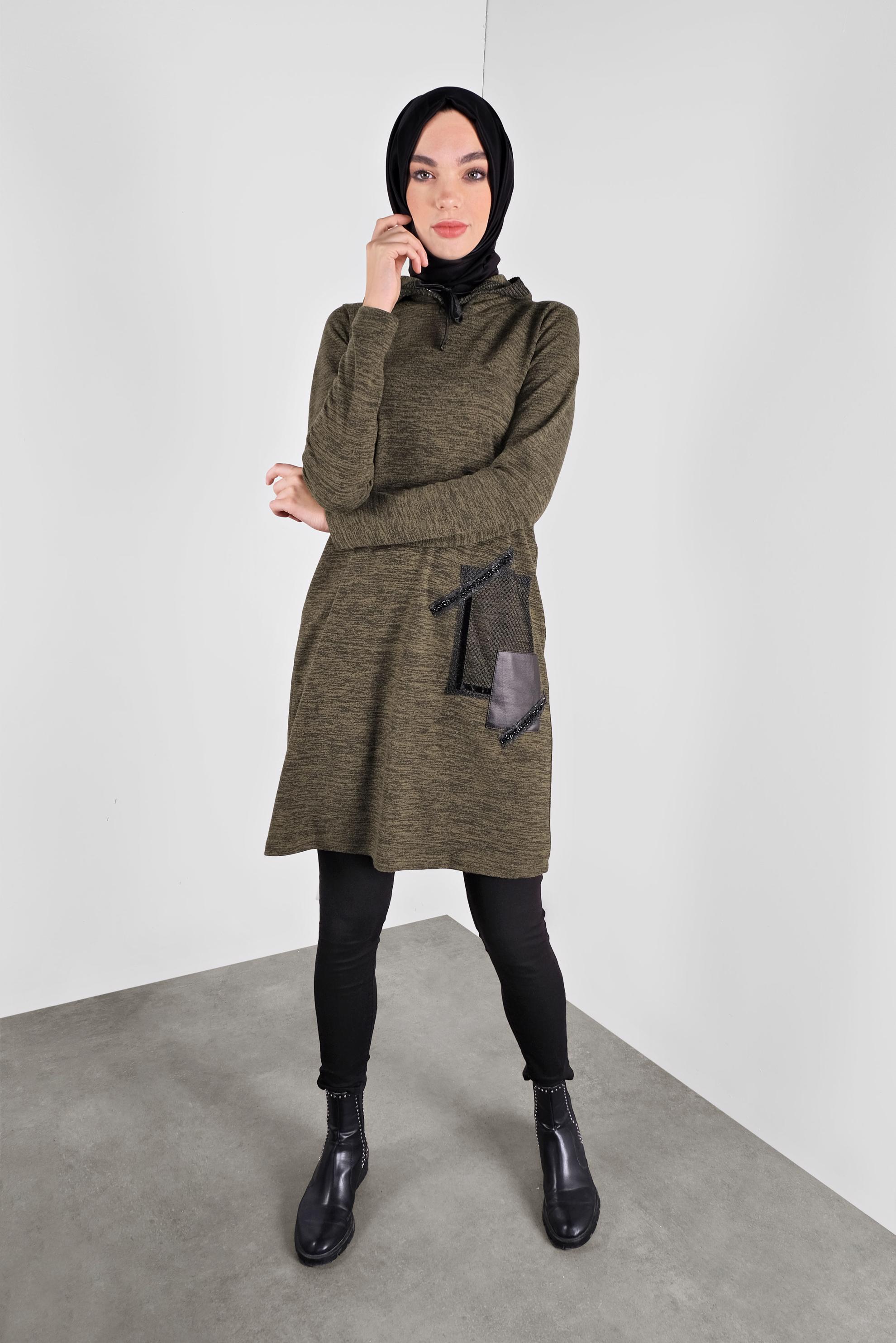 Tesettür giyim HAKİ KAPÜŞONLU FİLE DETAYLI TUNİK 41307