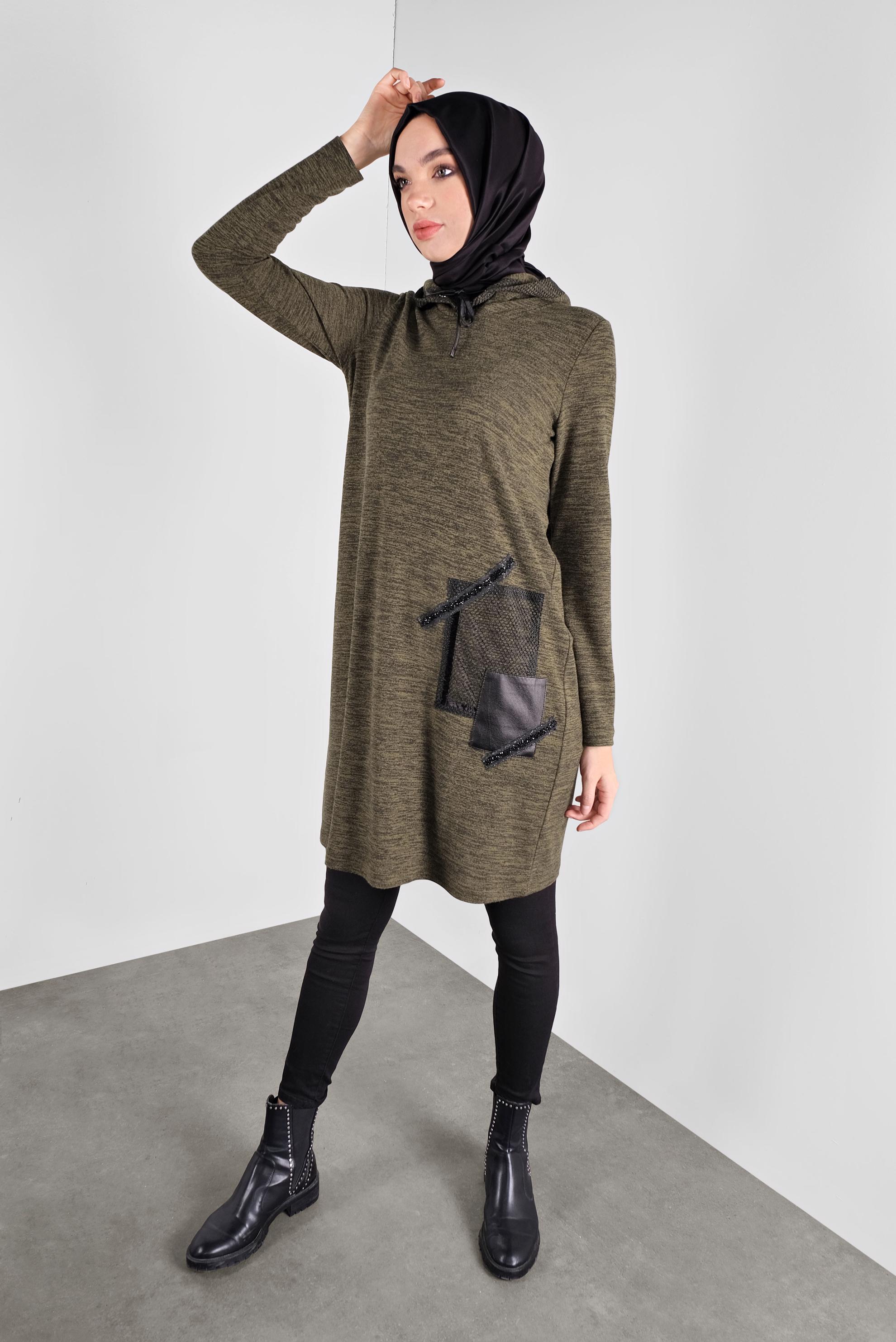 Tesettür giyim HAKİ KAPÜŞONLU FİLE DETAYLI TUNİK 41307