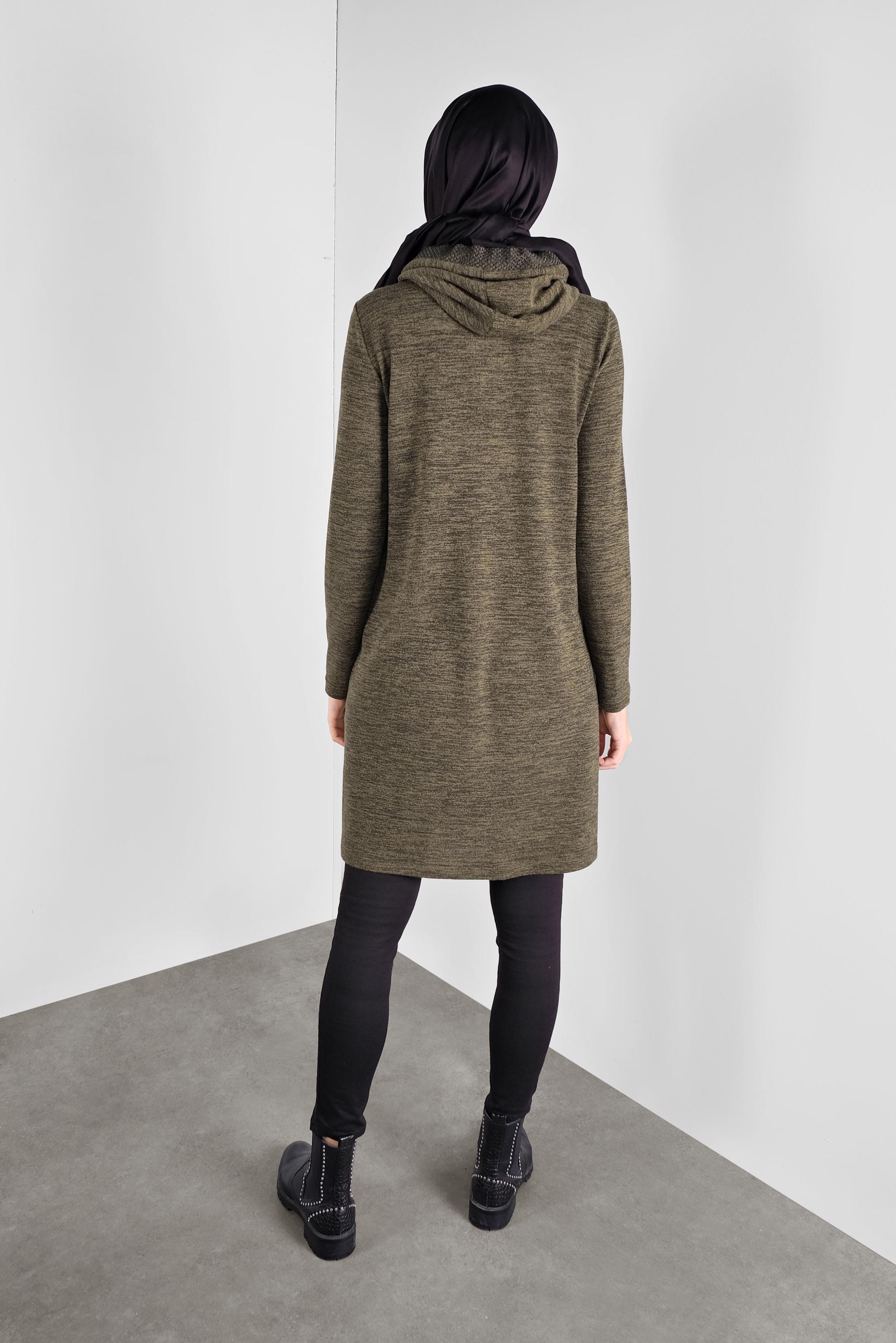 Tesettür giyim HAKİ KAPÜŞONLU FİLE DETAYLI TUNİK 41307