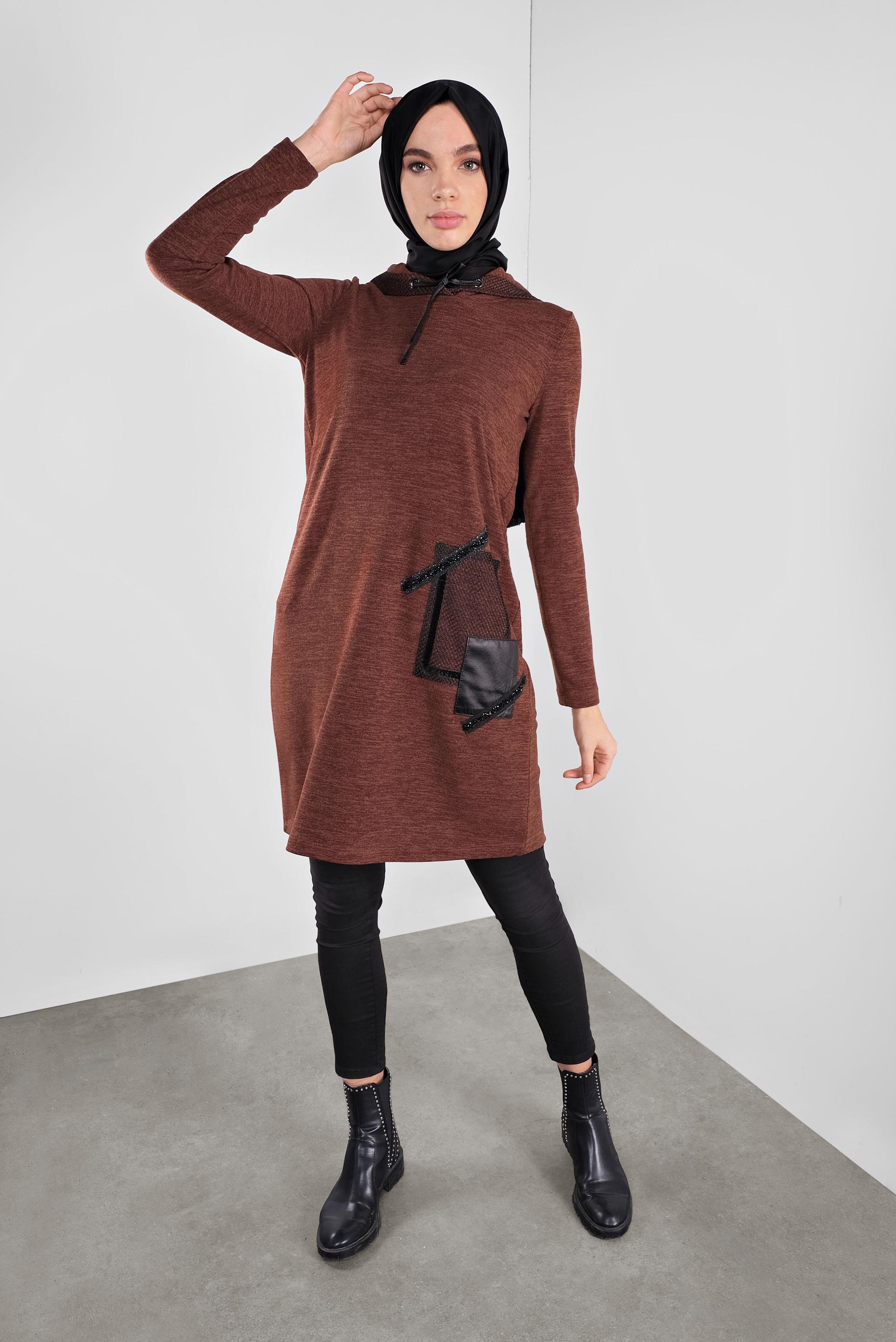Tesettür giyim TURUNCU KAPÜŞONLU FİLE DETAYLI TUNİK 41307