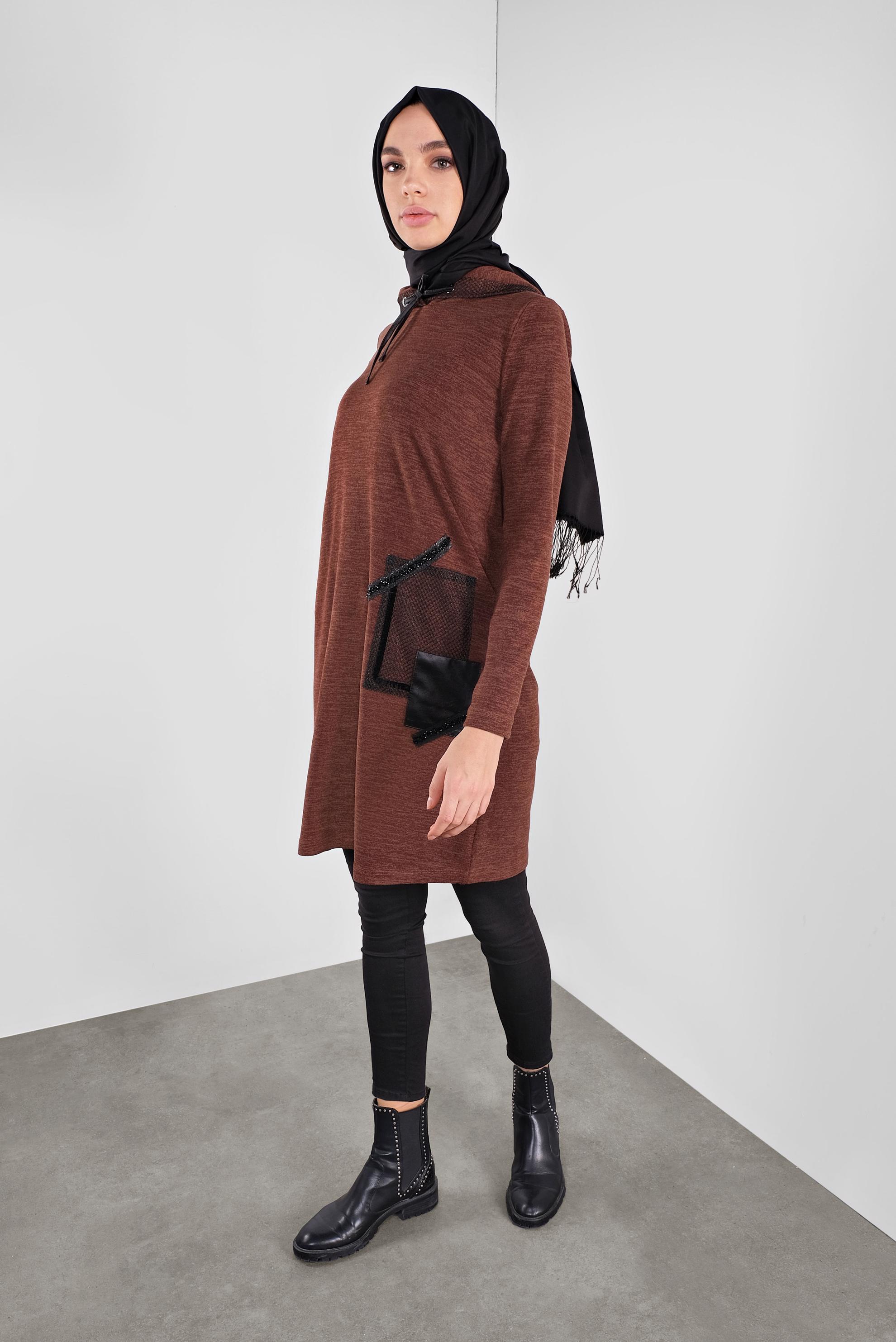 Tesettür giyim TURUNCU KAPÜŞONLU FİLE DETAYLI TUNİK 41307