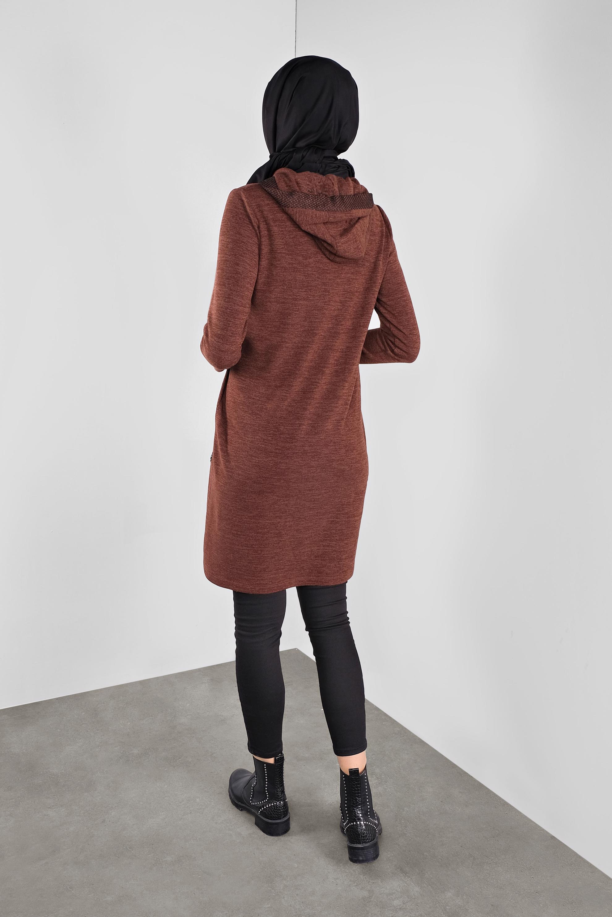 Tesettür giyim TURUNCU KAPÜŞONLU FİLE DETAYLI TUNİK 41307