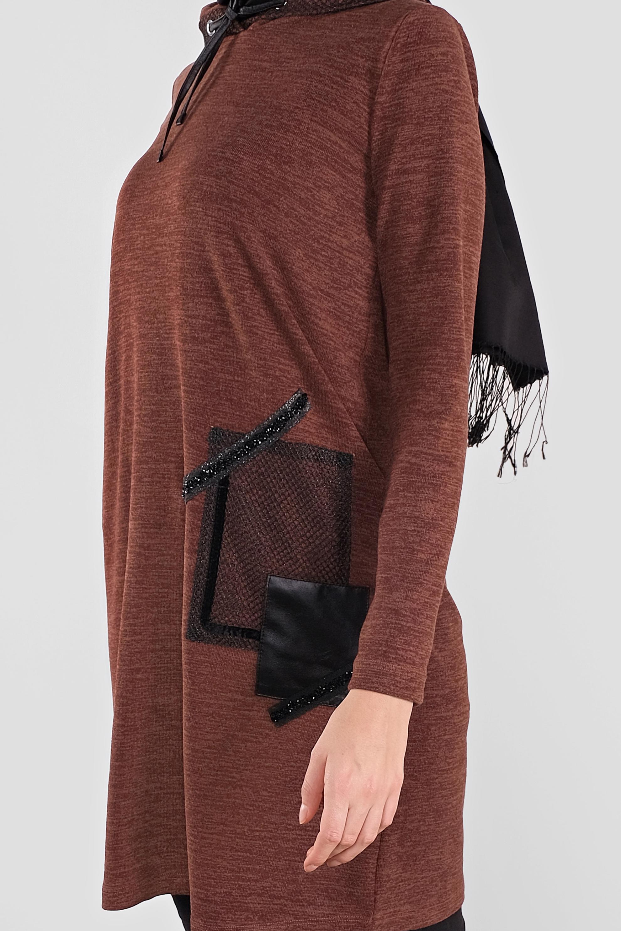 Tesettür giyim TURUNCU KAPÜŞONLU FİLE DETAYLI TUNİK 41307