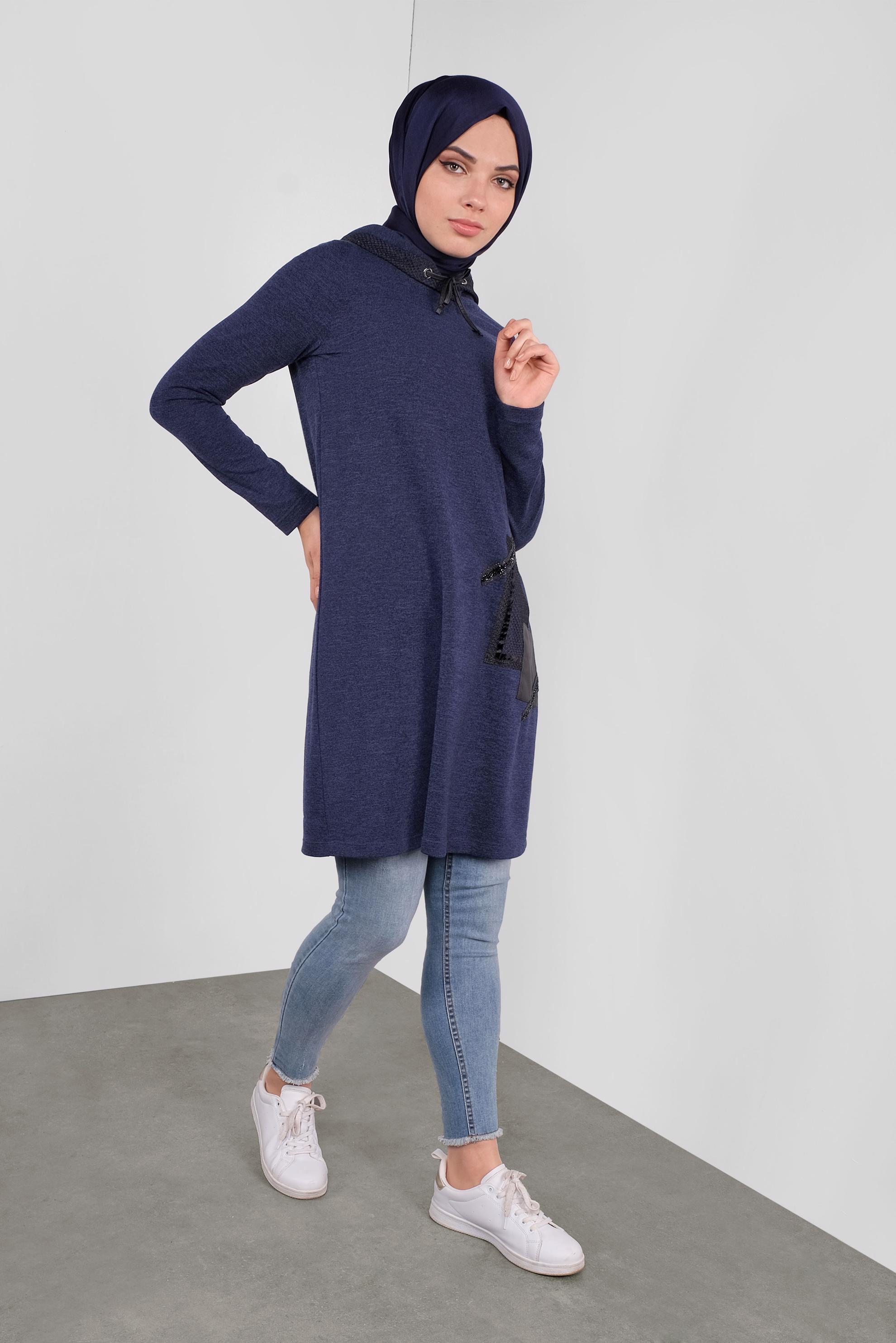Tesettür giyim LACİVERT KAPÜŞONLU FİLE DETAYLI TUNİK 41307