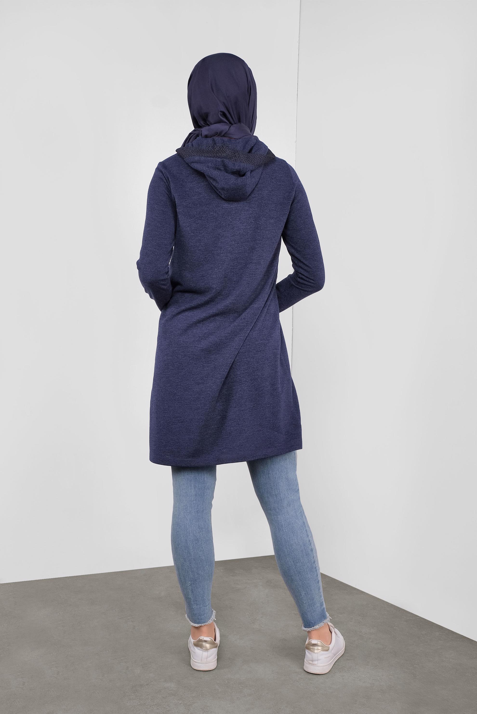 Tesettür giyim LACİVERT KAPÜŞONLU FİLE DETAYLI TUNİK 41307