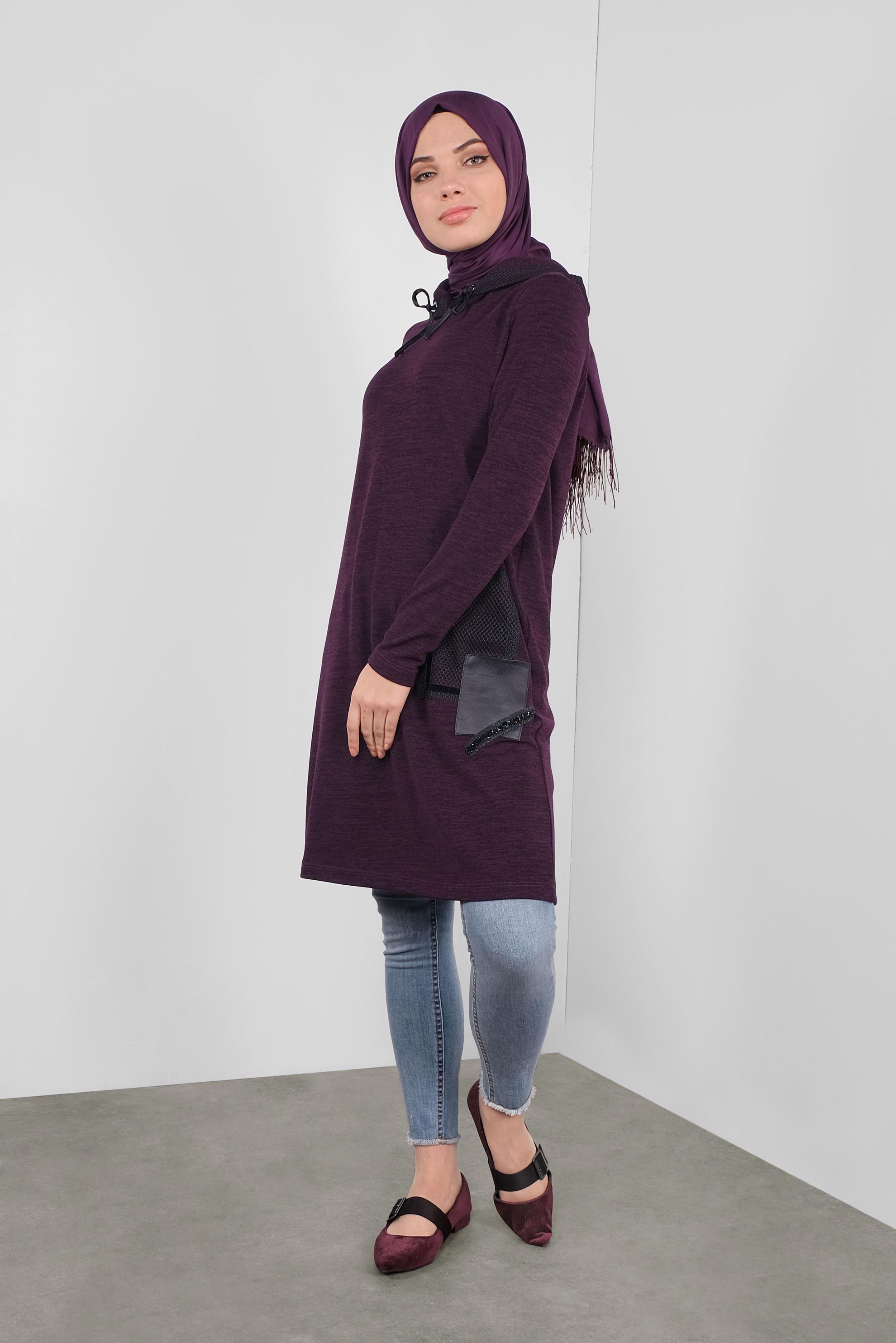 Tesettür giyim MÜRDÜM KAPÜŞONLU FİLE DETAYLI TUNİK 41307