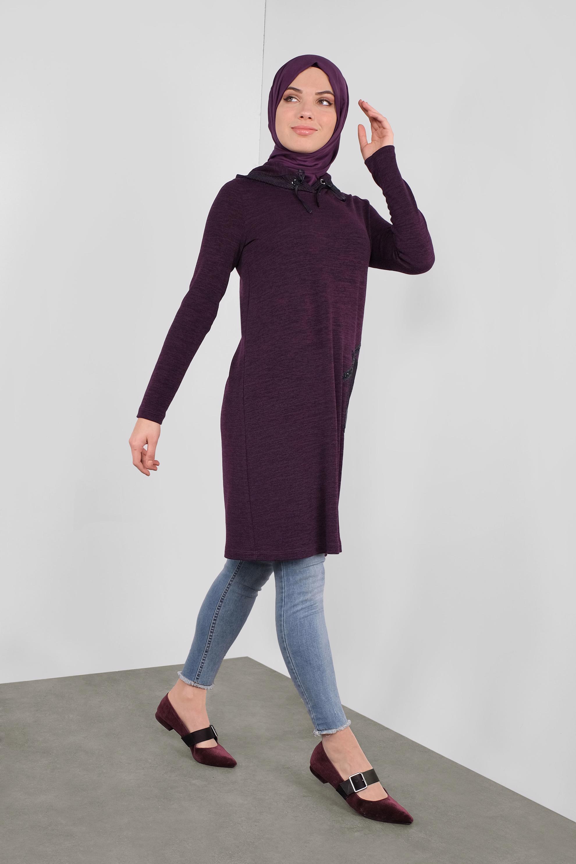 Tesettür giyim MÜRDÜM KAPÜŞONLU FİLE DETAYLI TUNİK 41307