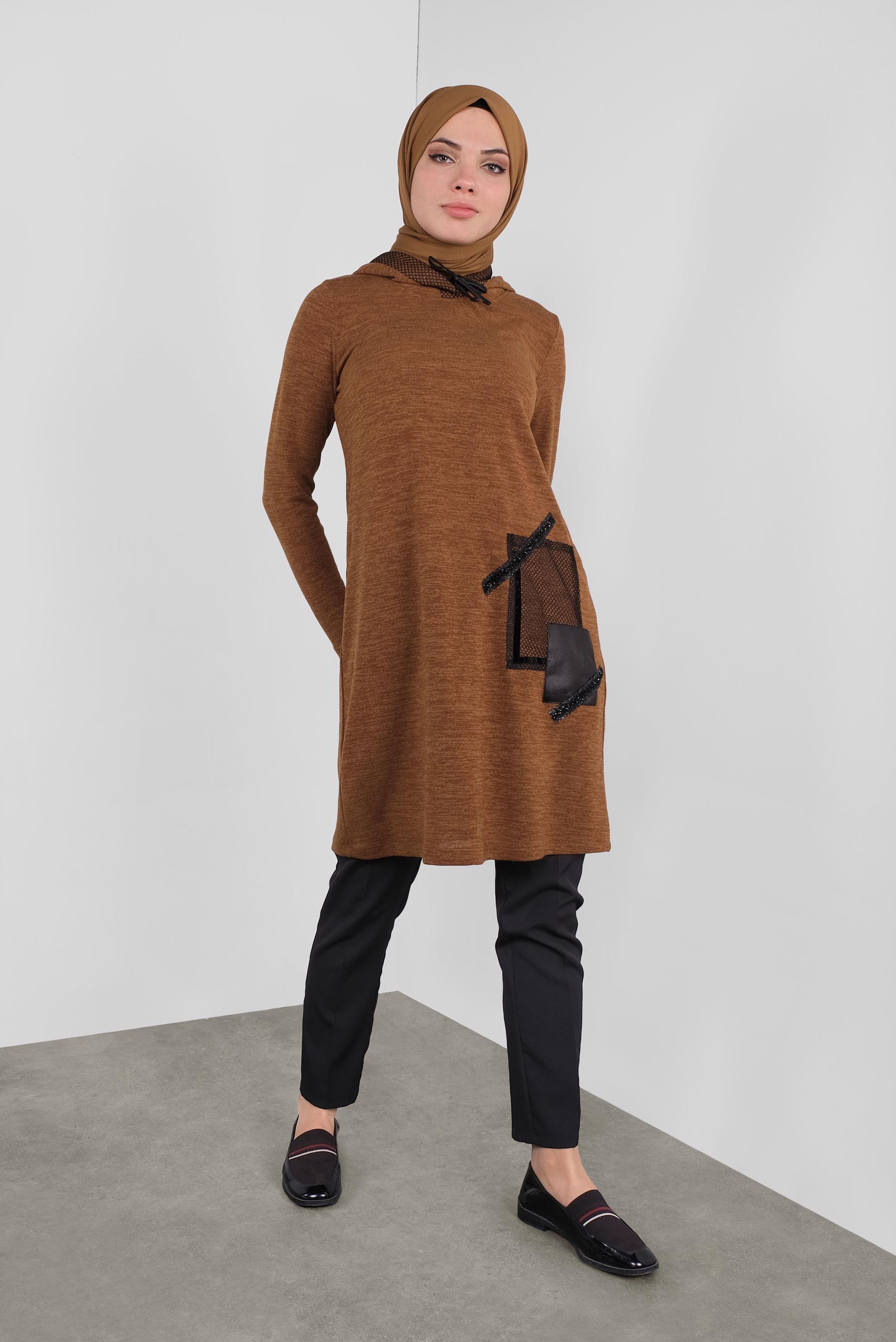 Tesettür giyim TABA KAPÜŞONLU FİLE DETAYLI TUNİK 41307