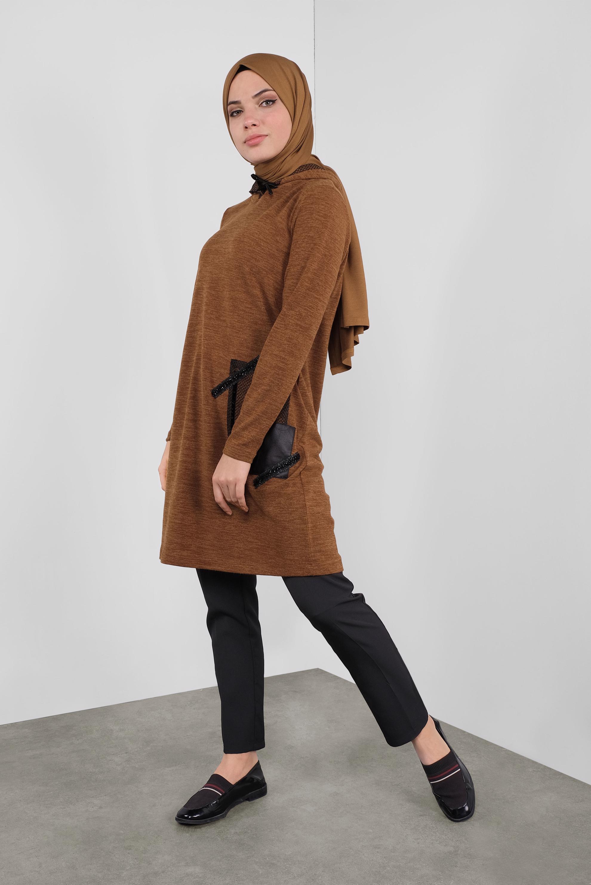 Tesettür giyim TABA KAPÜŞONLU FİLE DETAYLI TUNİK 41307
