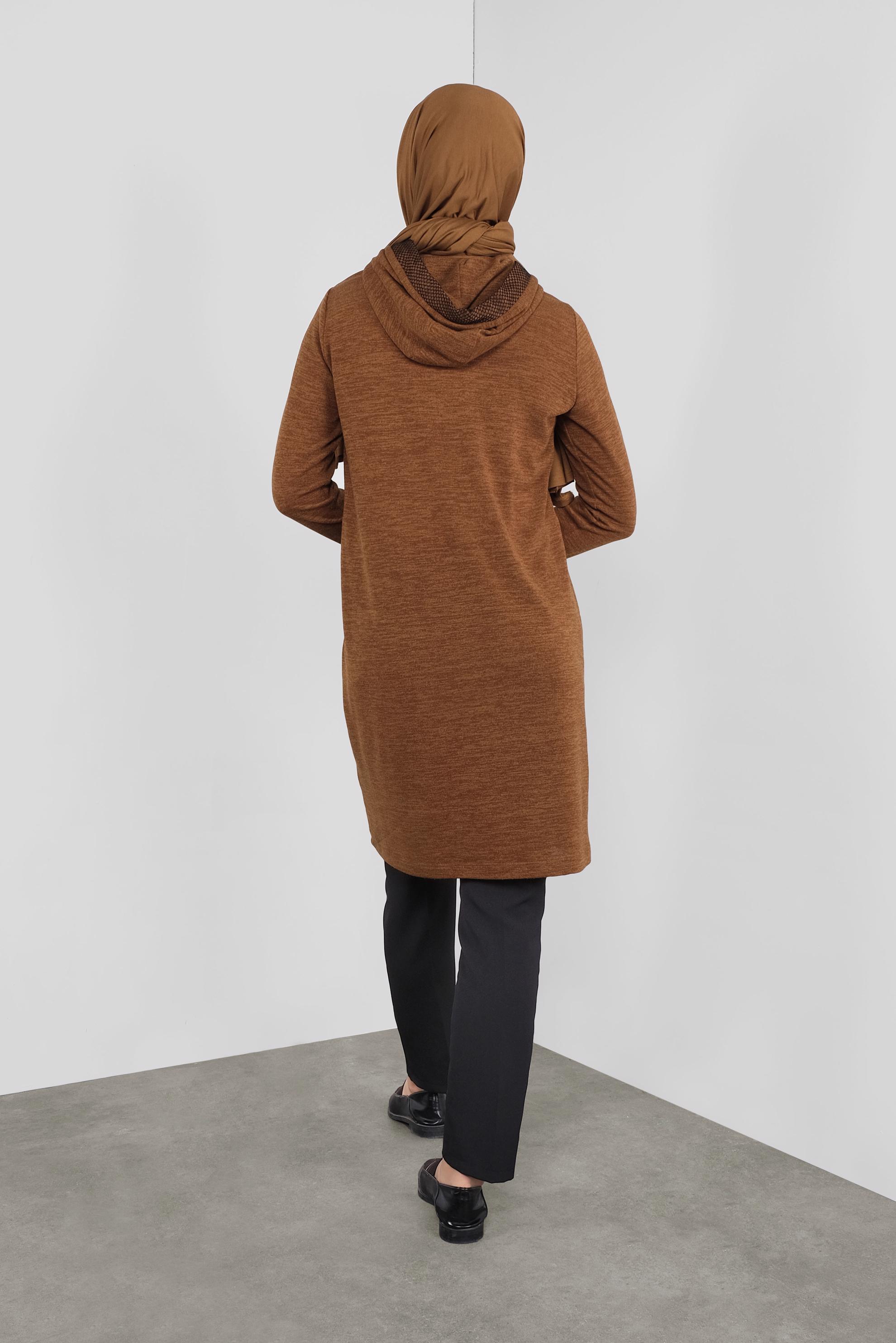 Tesettür giyim TABA KAPÜŞONLU FİLE DETAYLI TUNİK 41307