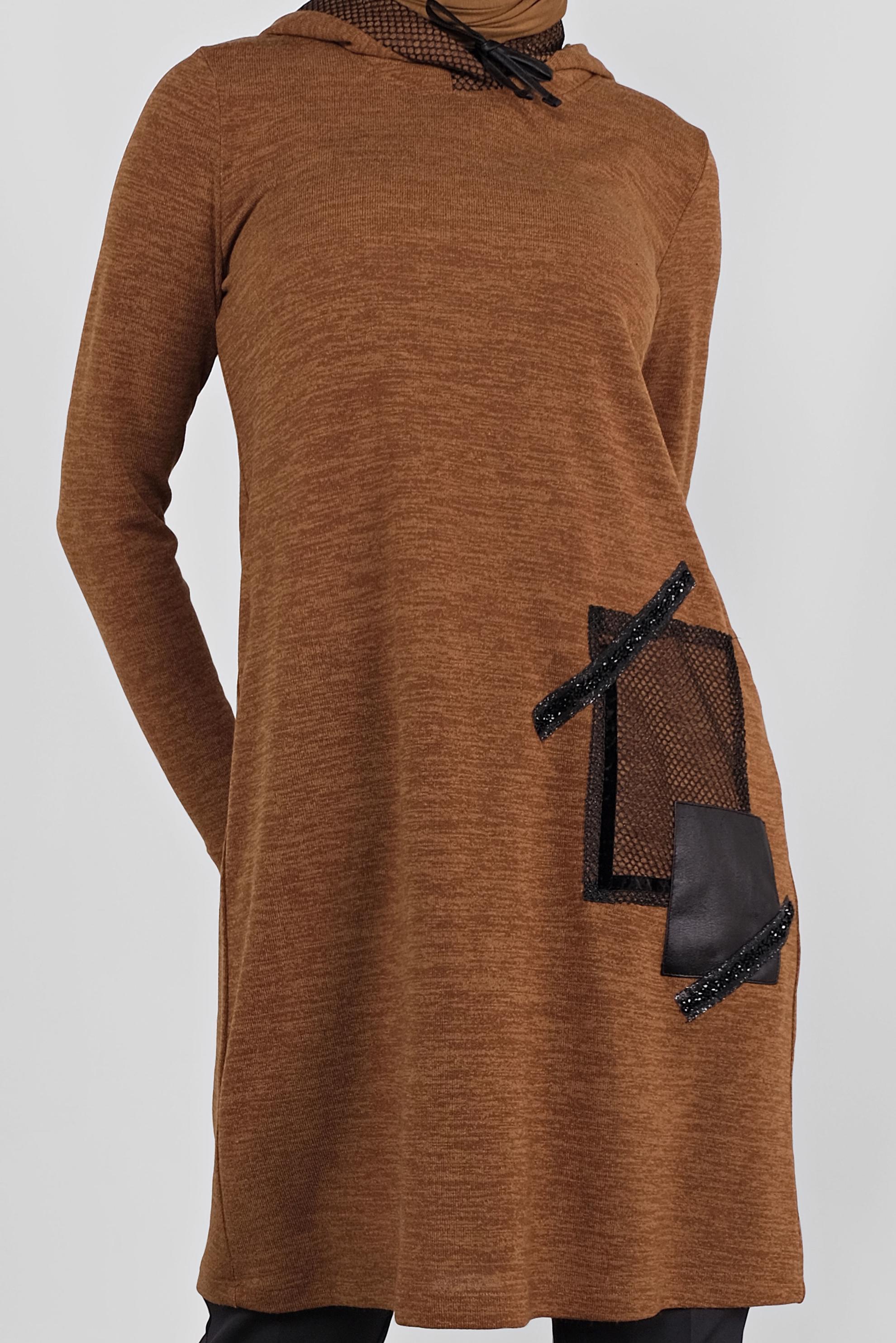 Tesettür giyim TABA KAPÜŞONLU FİLE DETAYLI TUNİK 41307