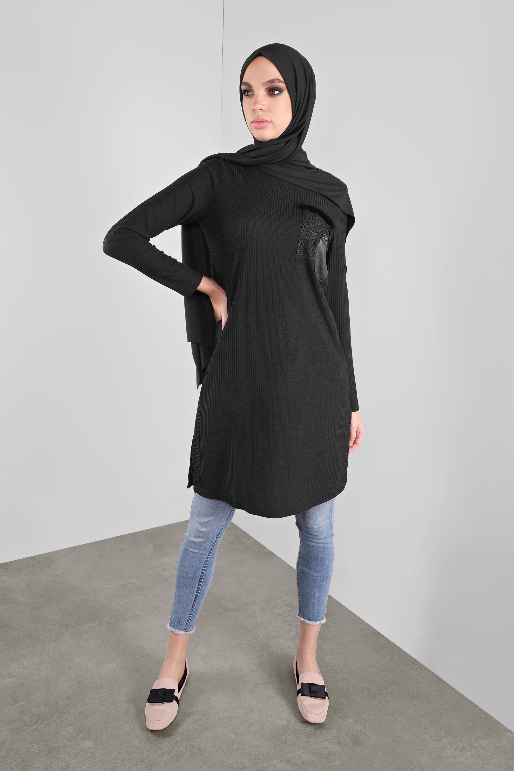Tesettür giyim SİYAH FİLELİ FİTİLLİ TUNİK 41308 