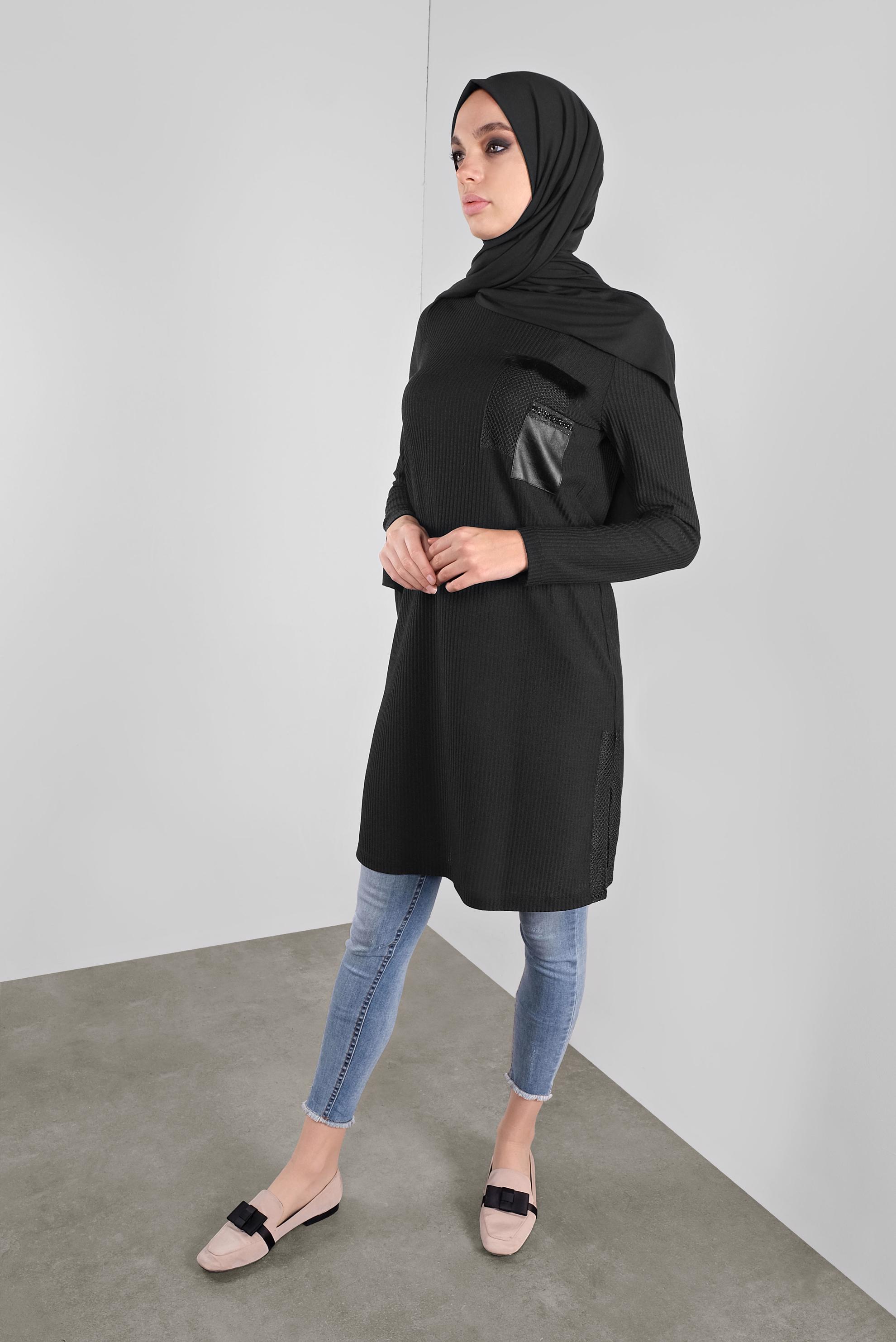 Tesettür giyim SİYAH FİLELİ FİTİLLİ TUNİK 41308 