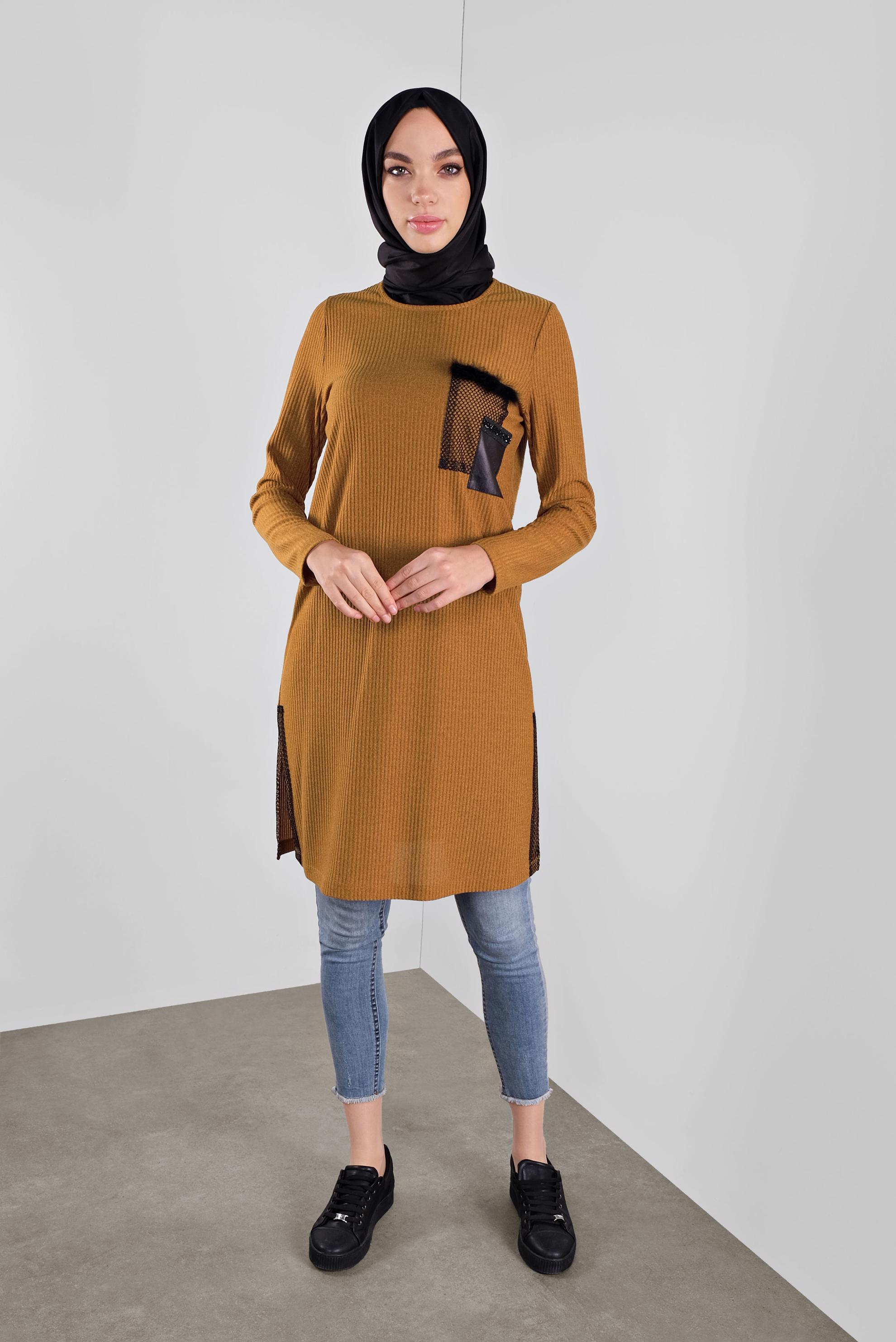 Tesettür giyim SARI FİLELİ FİTİLLİ TUNİK 41308 