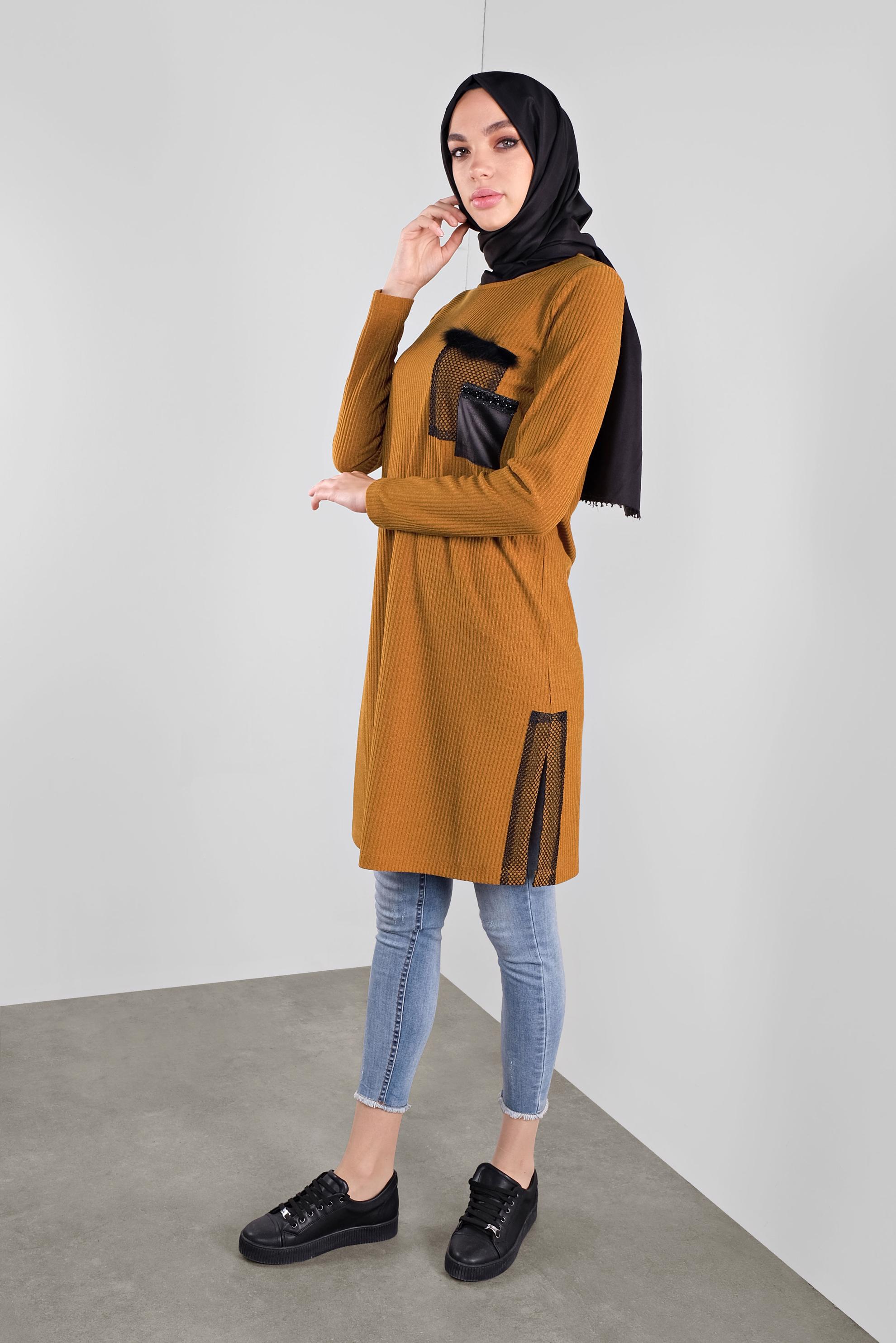 Tesettür giyim SARI FİLELİ FİTİLLİ TUNİK 41308 