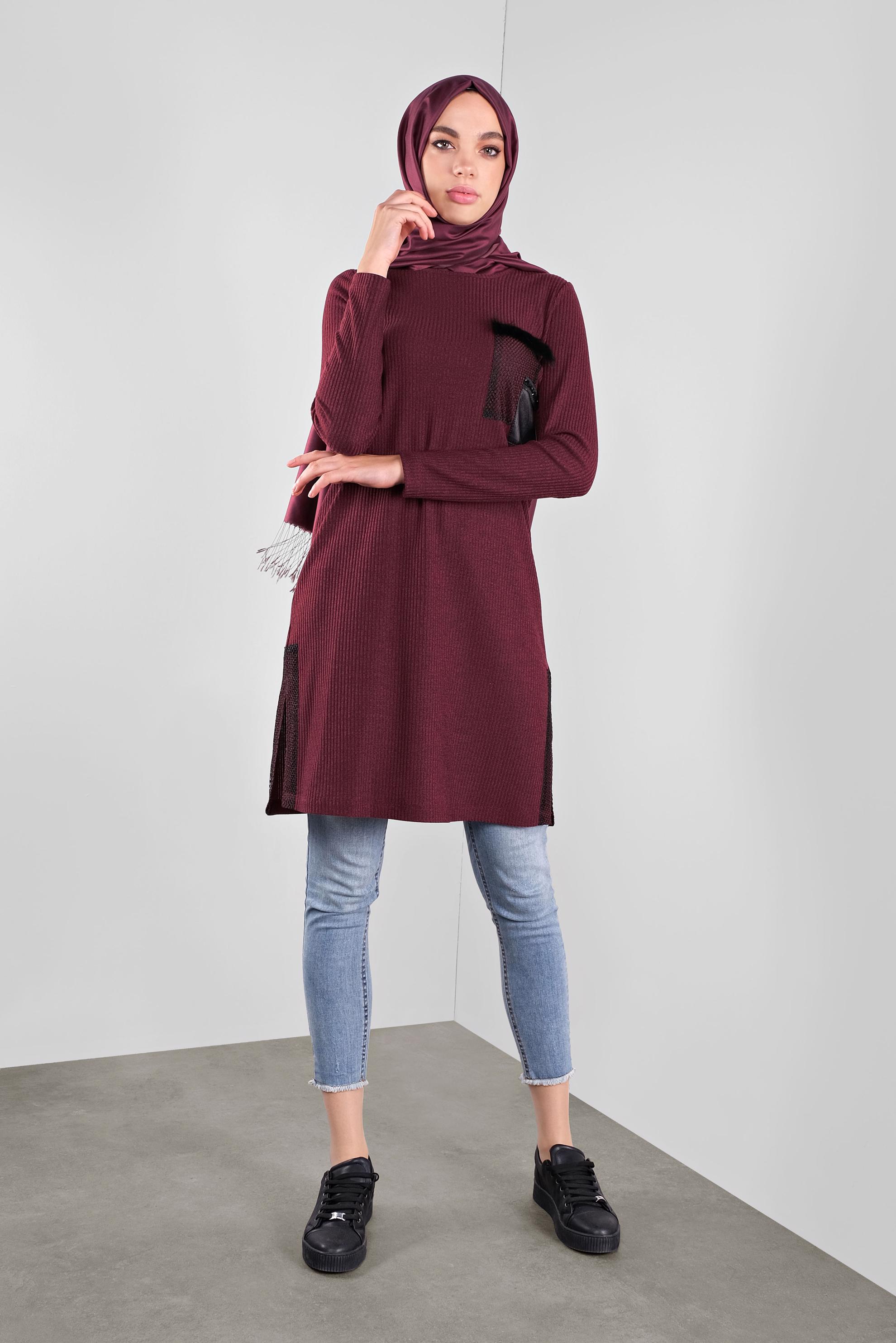 Tesettür giyim BORDO FİLELİ FİTİLLİ TUNİK 41308 