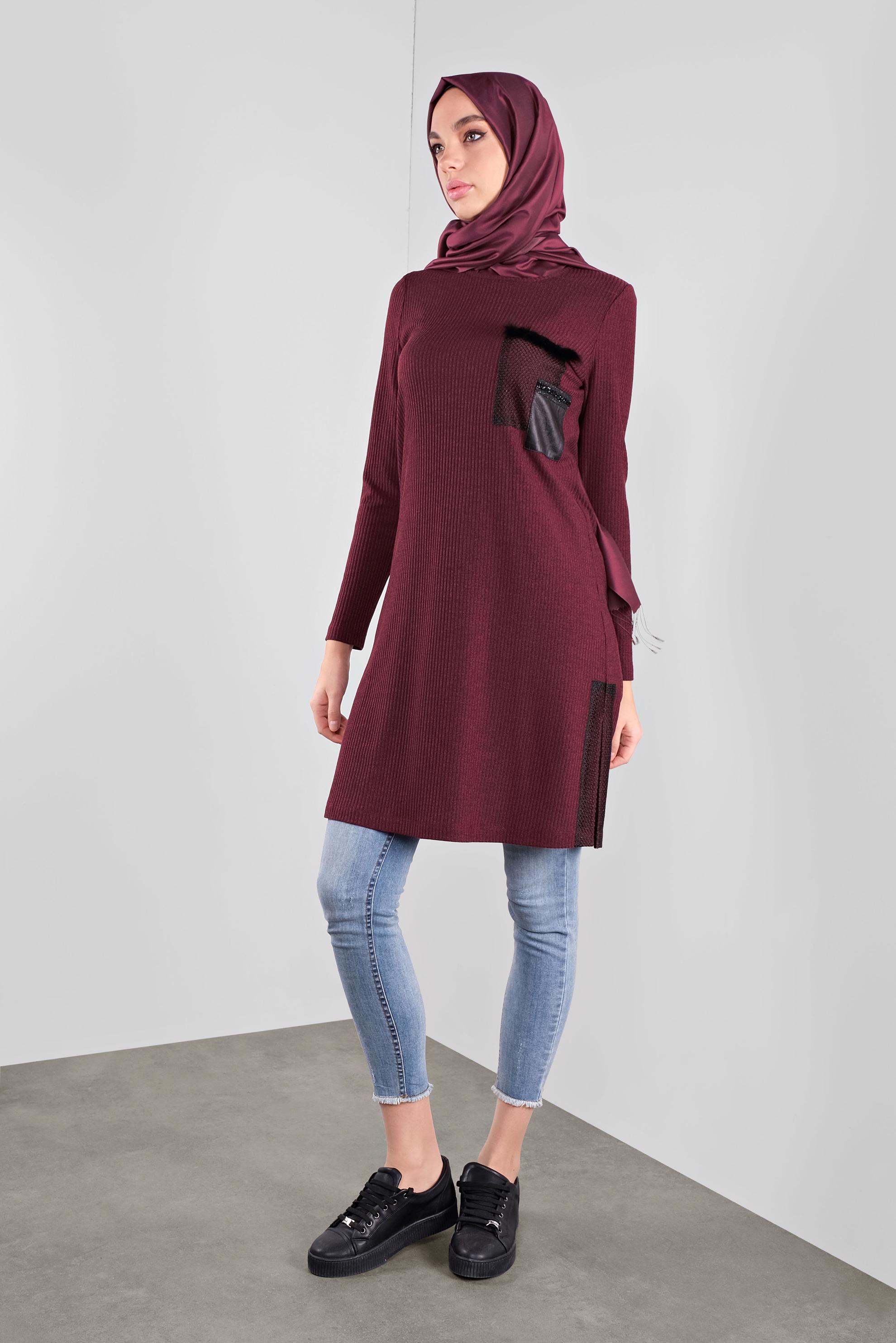 Tesettür giyim BORDO FİLELİ FİTİLLİ TUNİK 41308 