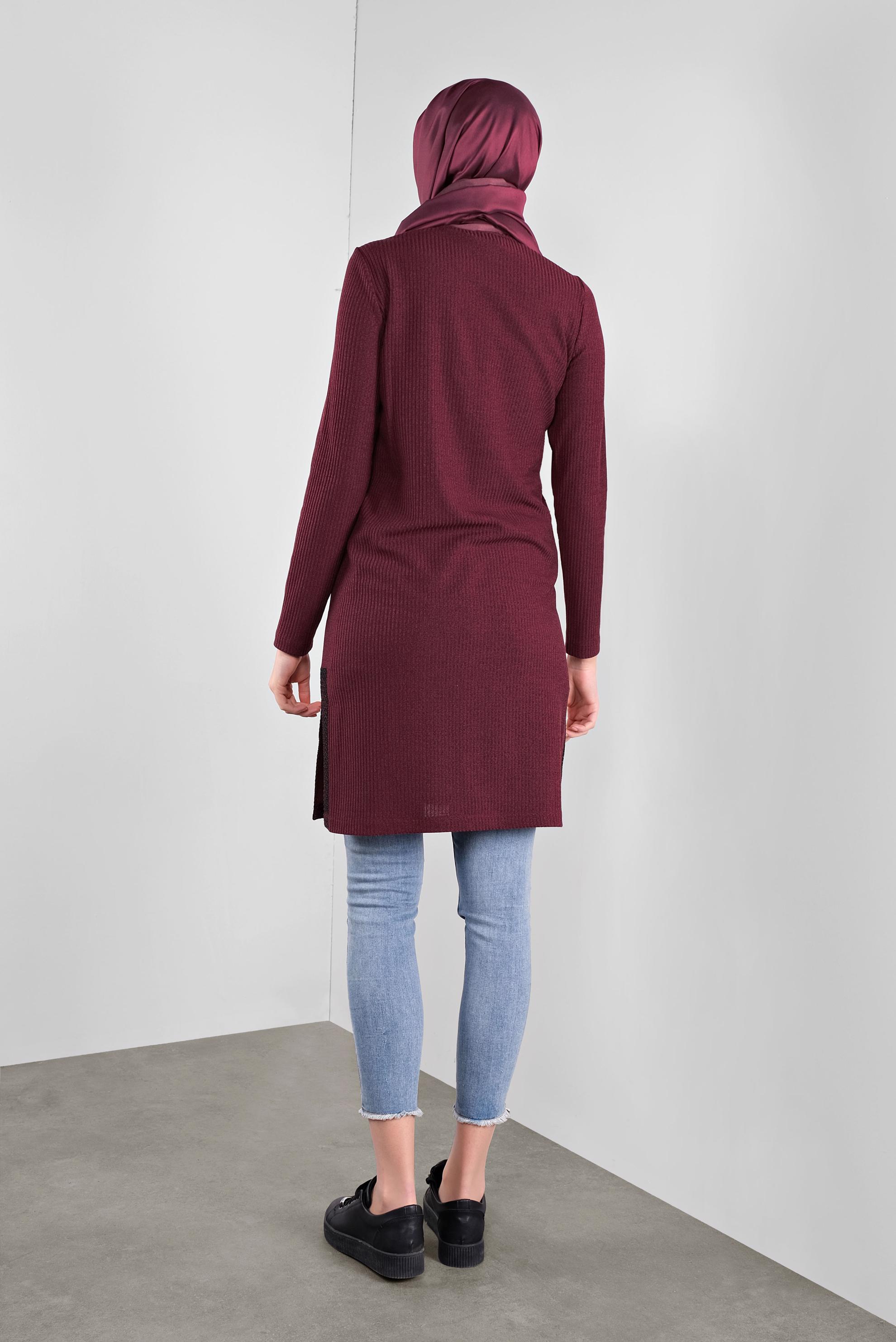 Tesettür giyim BORDO FİLELİ FİTİLLİ TUNİK 41308 