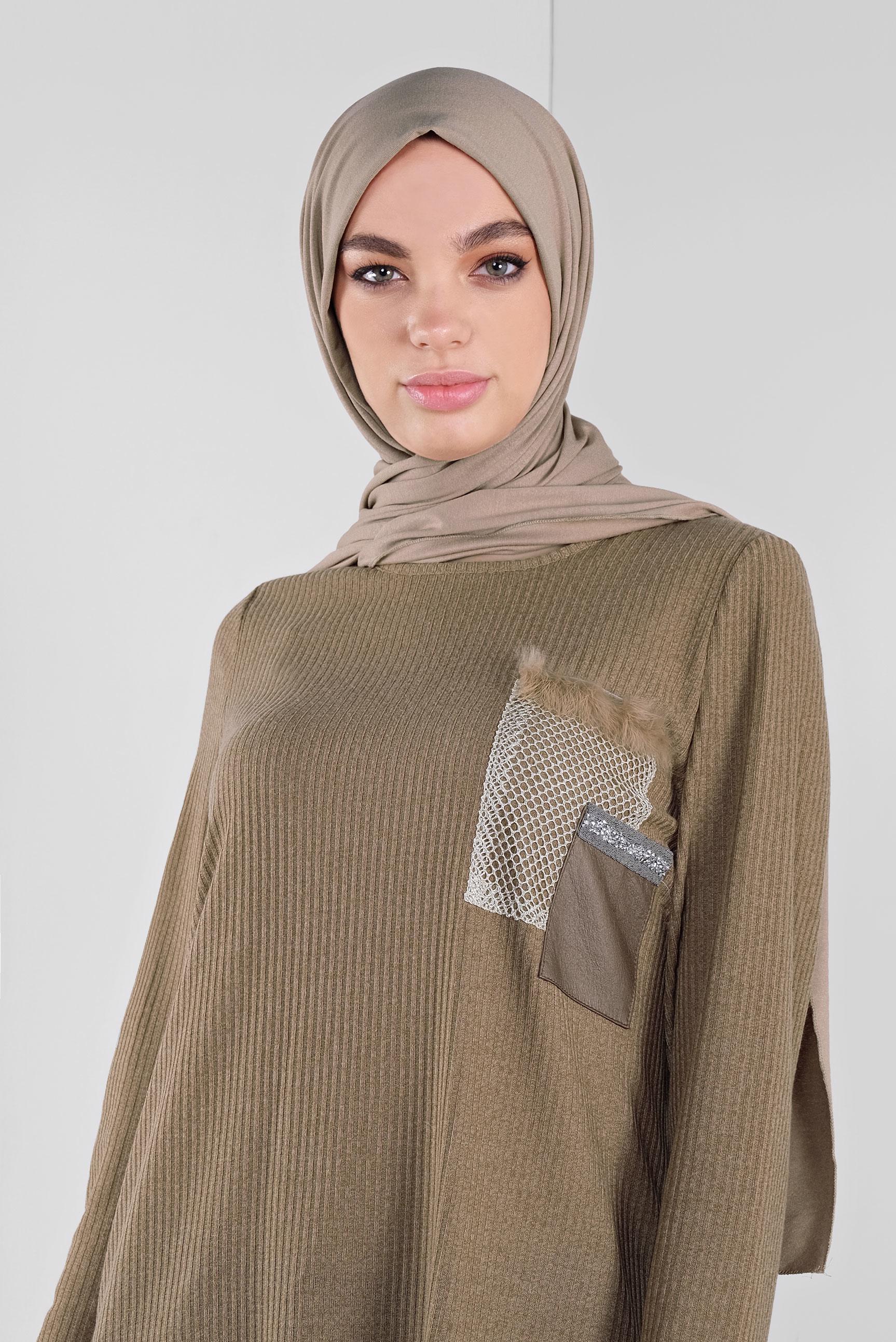 Tesettür giyim KAHVE FİLELİ FİTİLLİ TUNİK 41308 