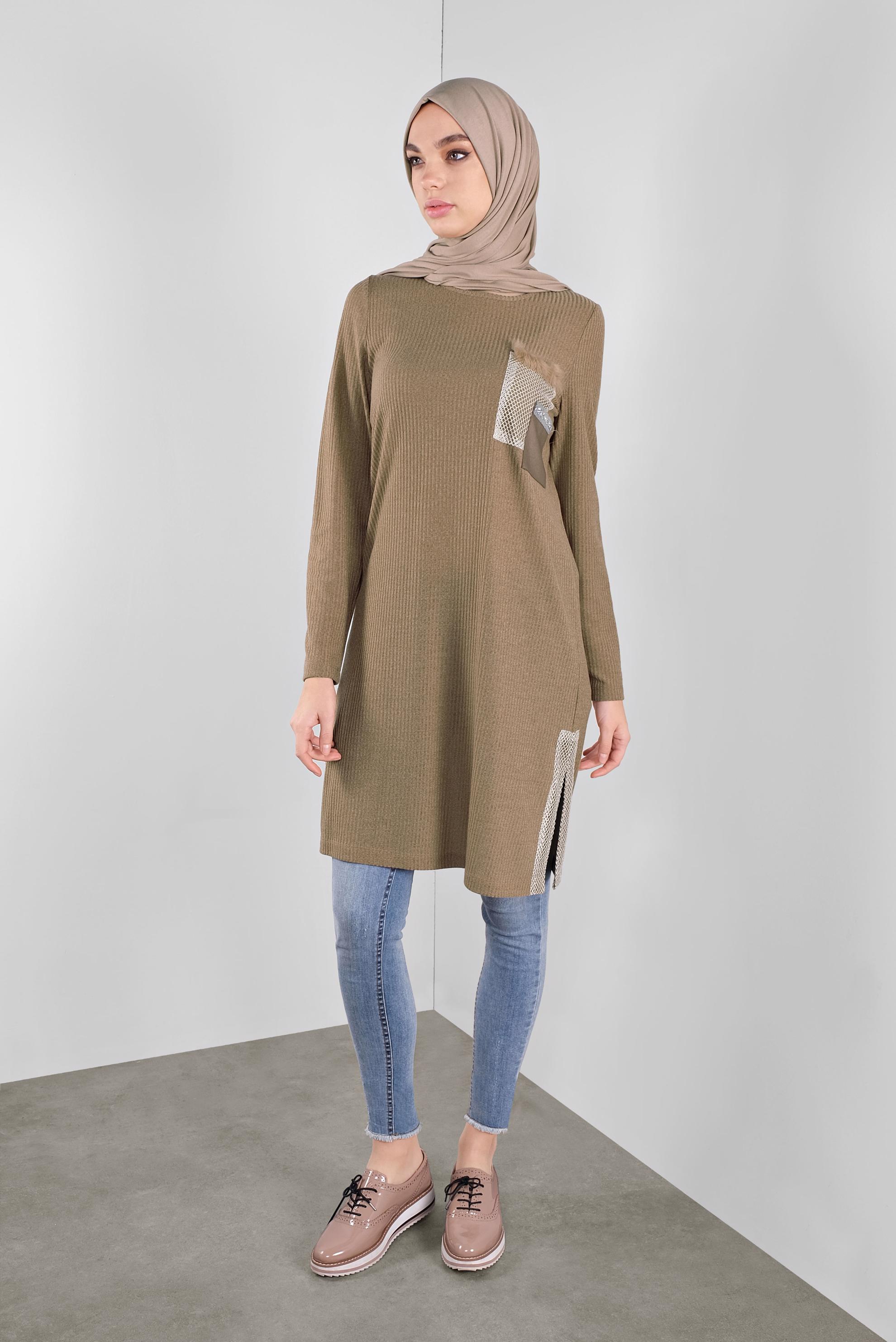 Tesettür giyim KAHVE FİLELİ FİTİLLİ TUNİK 41308 