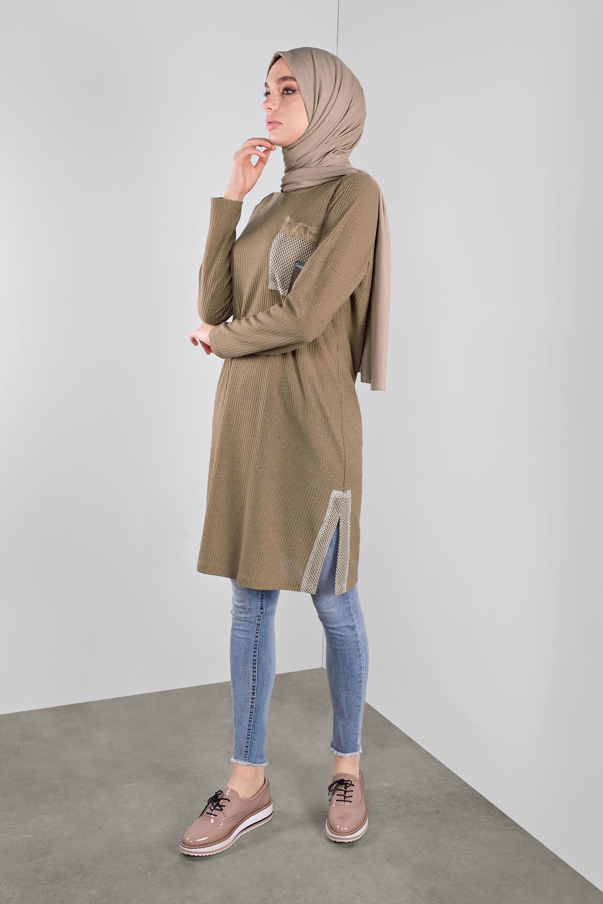 Tesettür giyim KAHVE FİLELİ FİTİLLİ TUNİK 41308 