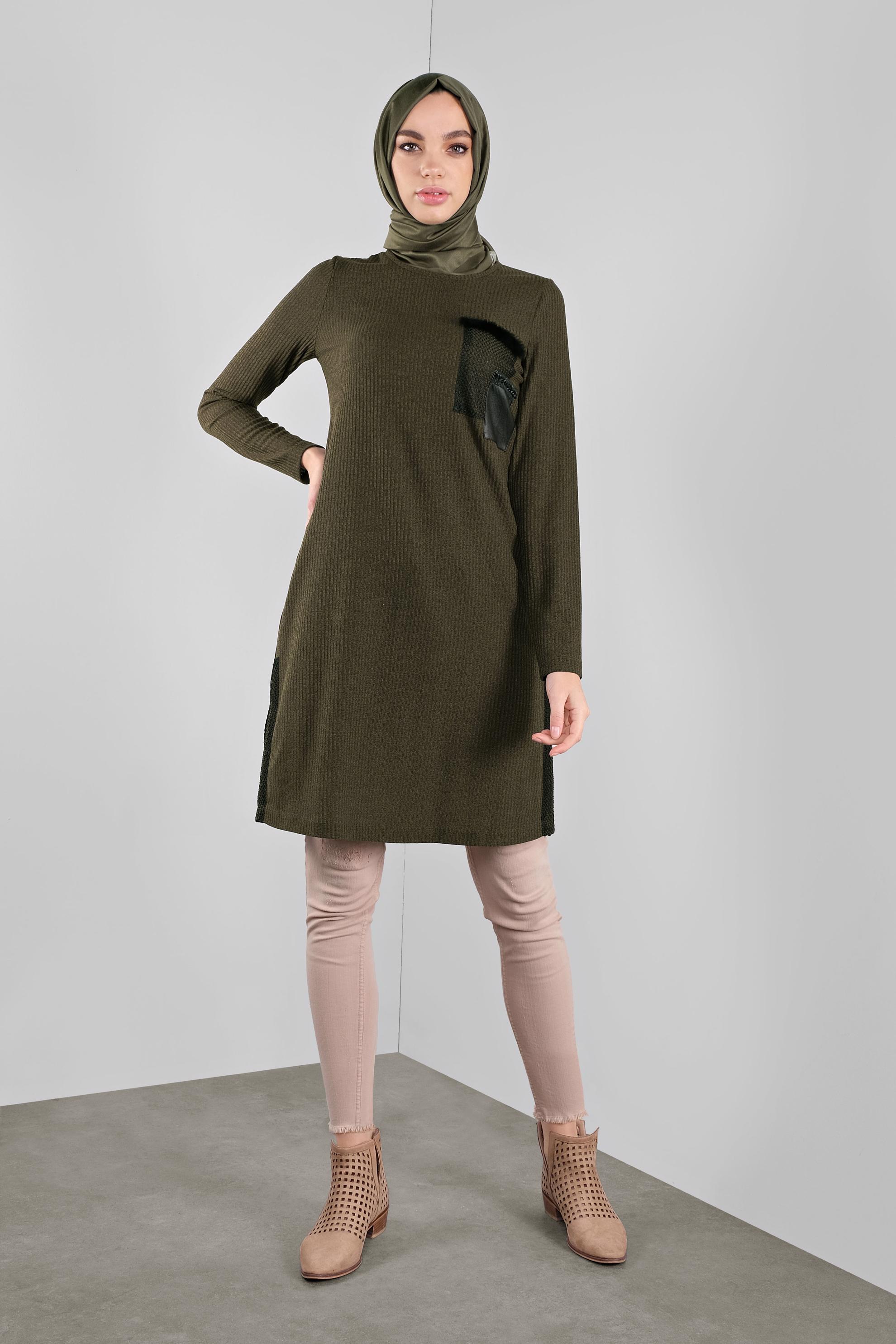 Tesettür giyim HAKİ FİLELİ FİTİLLİ TUNİK 41308 