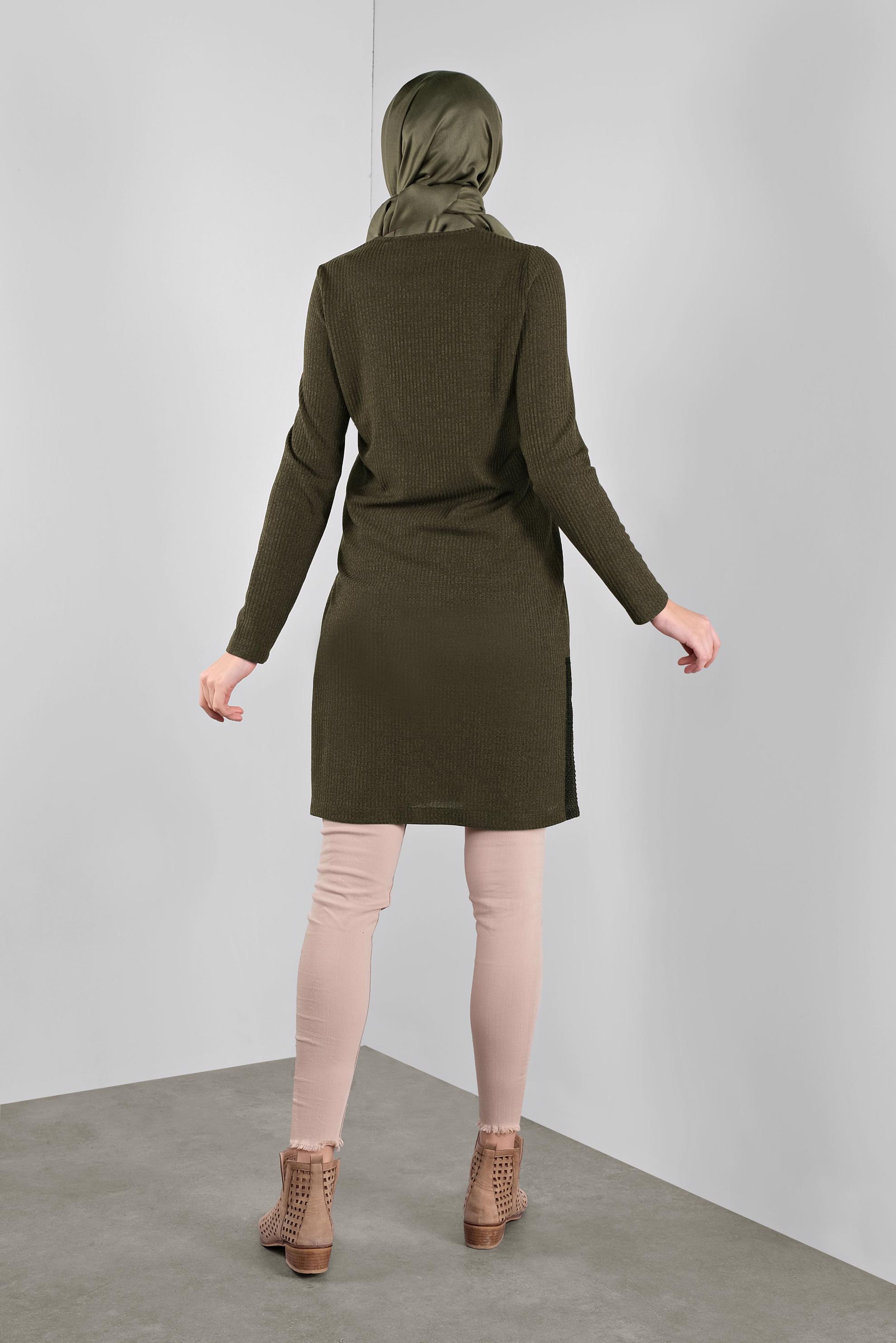 Tesettür giyim HAKİ FİLELİ FİTİLLİ TUNİK 41308 