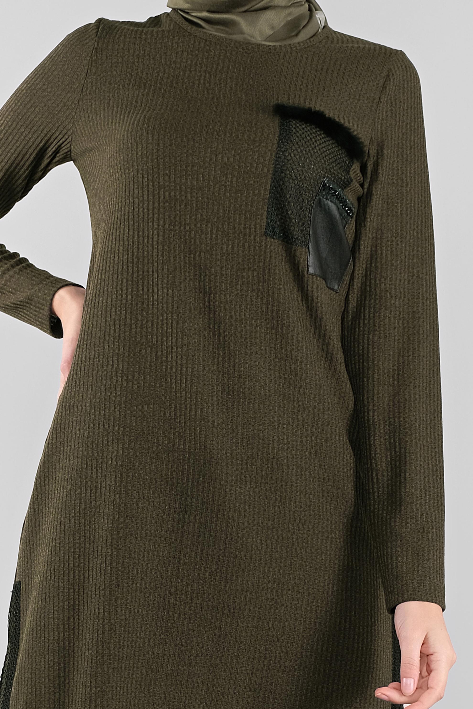 Tesettür giyim HAKİ FİLELİ FİTİLLİ TUNİK 41308 