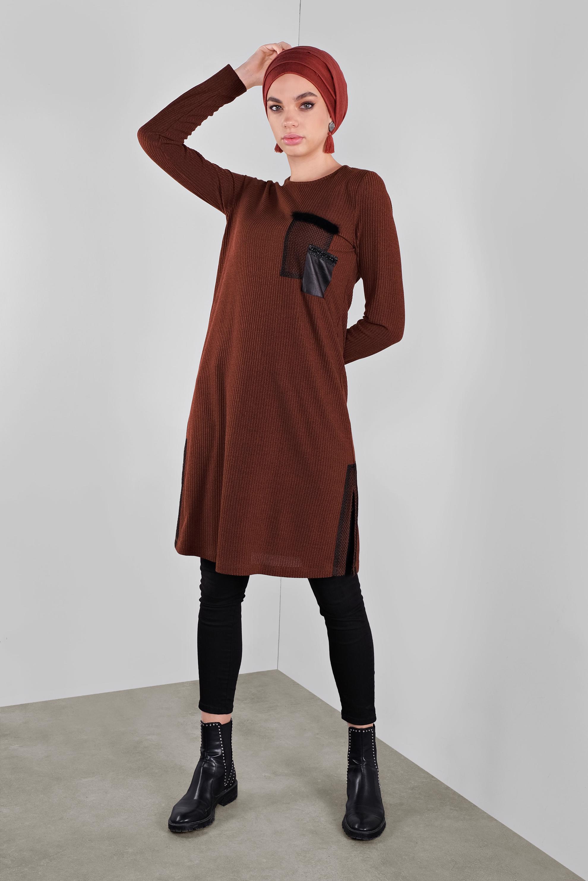 Tesettür giyim TURUNCU FİLELİ FİTİLLİ TUNİK 41308 