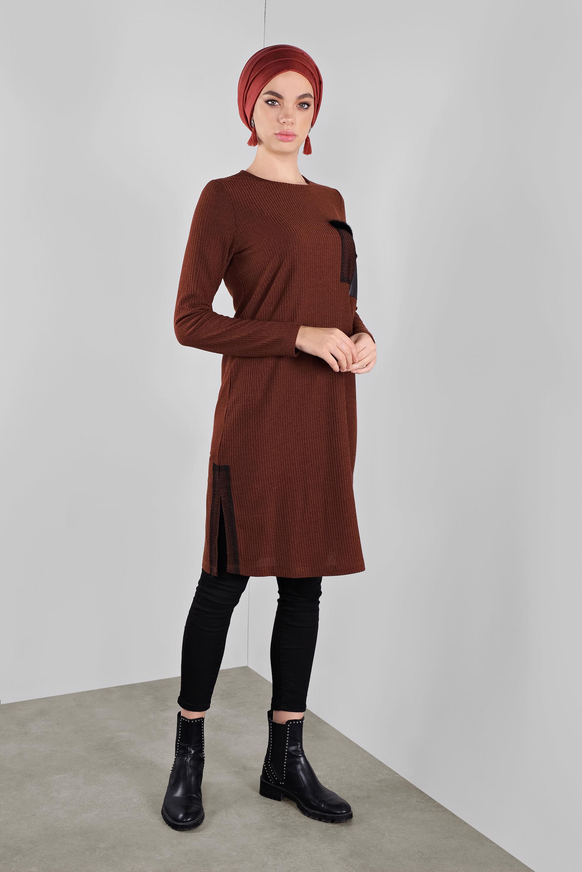 Tesettür giyim TURUNCU FİLELİ FİTİLLİ TUNİK 41308 