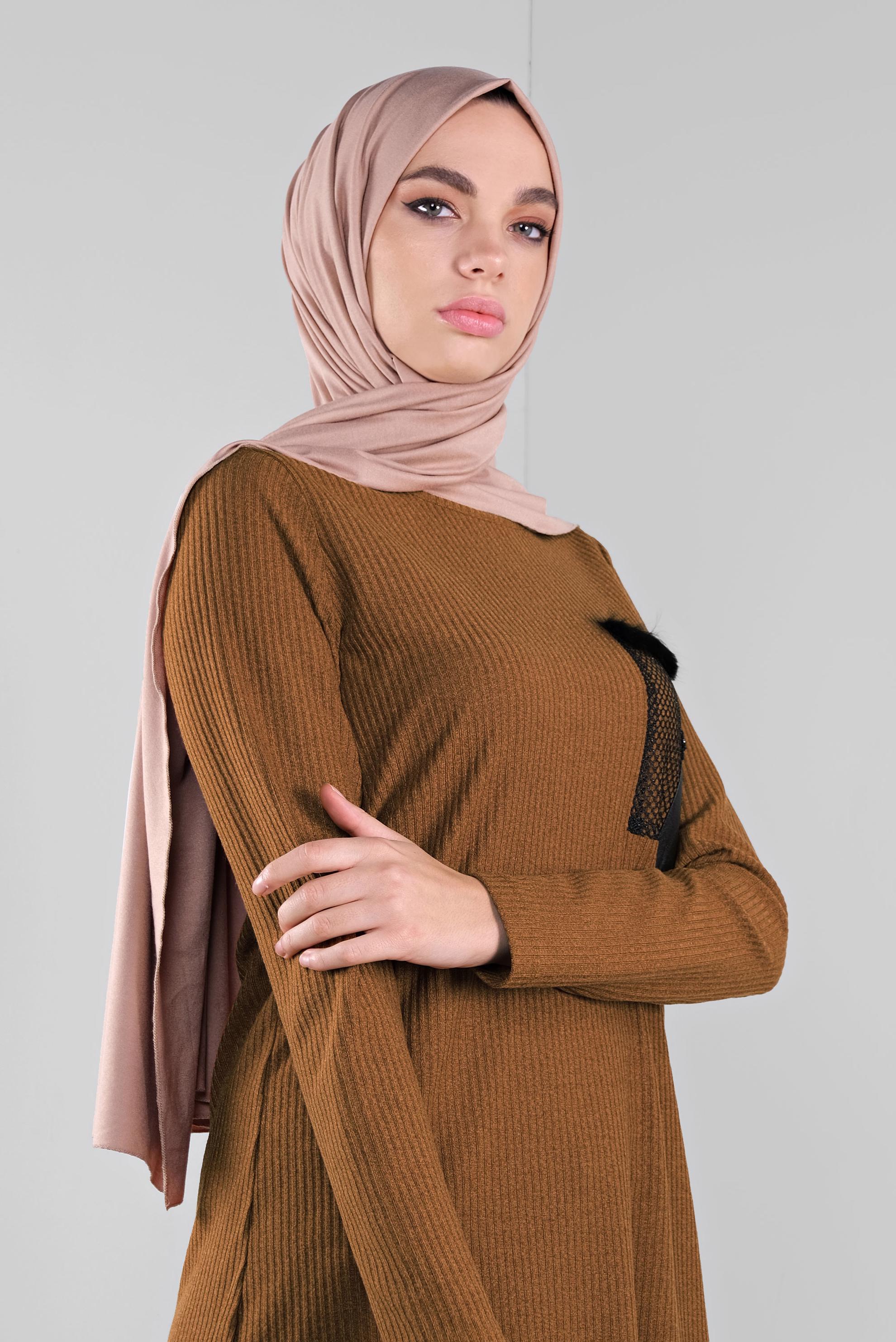 Tesettür giyim TABA FİLELİ FİTİLLİ TUNİK 41308 