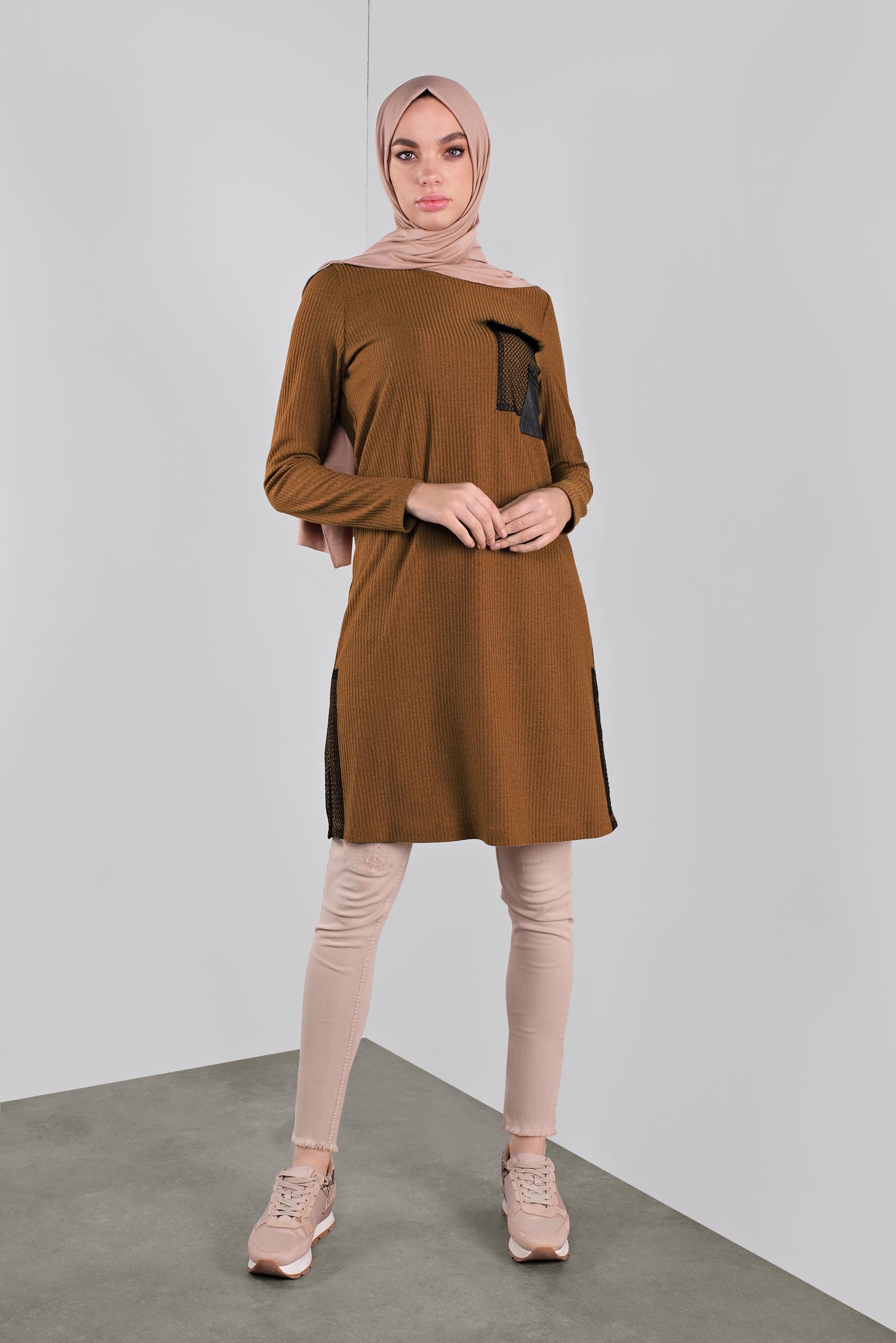 Tesettür giyim TABA FİLELİ FİTİLLİ TUNİK 41308 