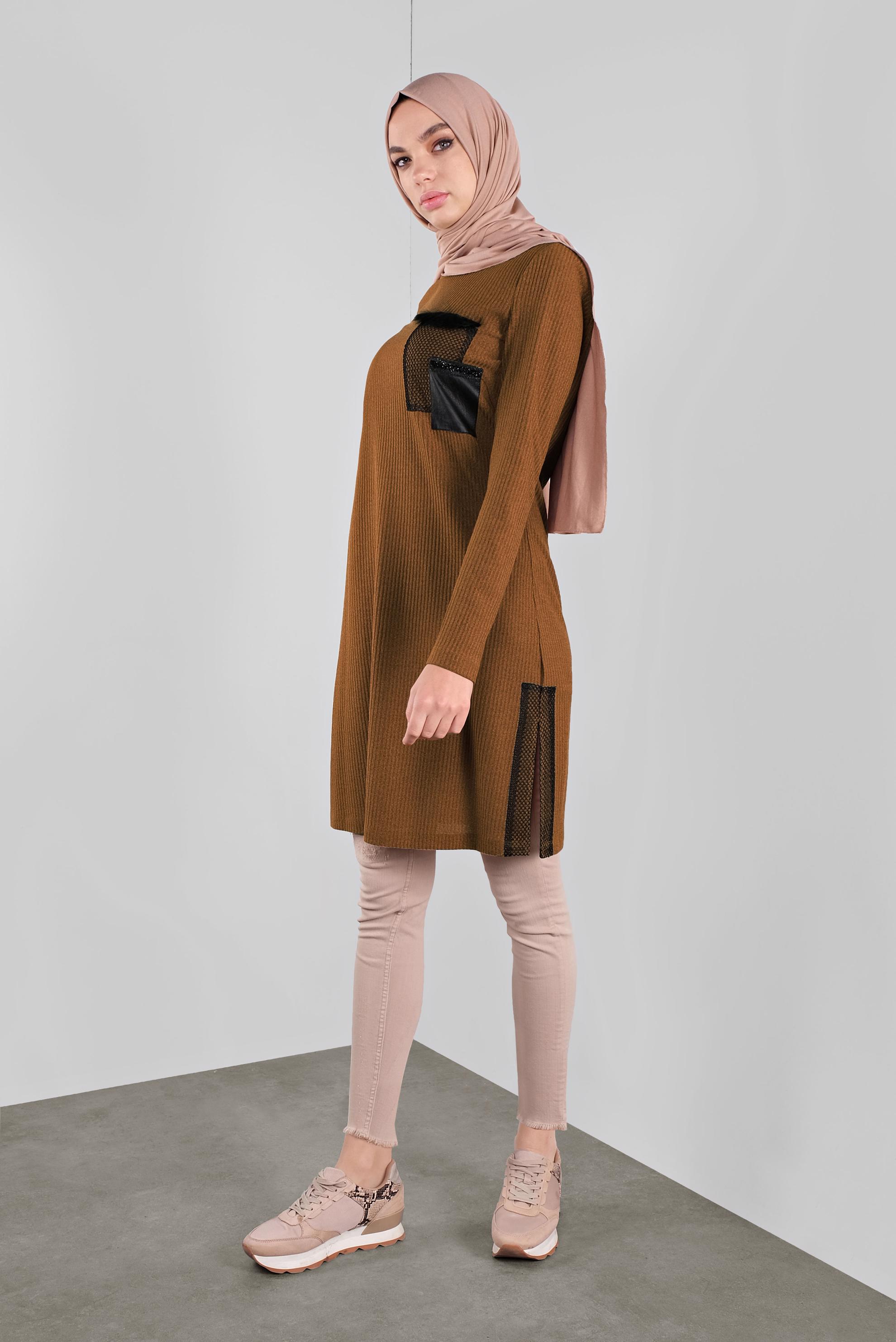 Tesettür giyim TABA FİLELİ FİTİLLİ TUNİK 41308 