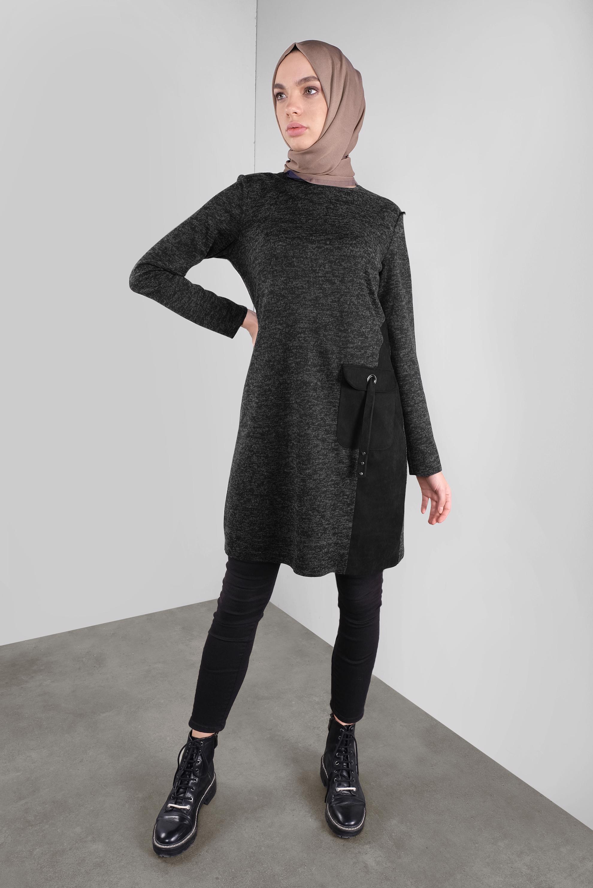 Tesettür giyim SİYAH CEPLİ MİX KUMAŞ  TUNİK 41309