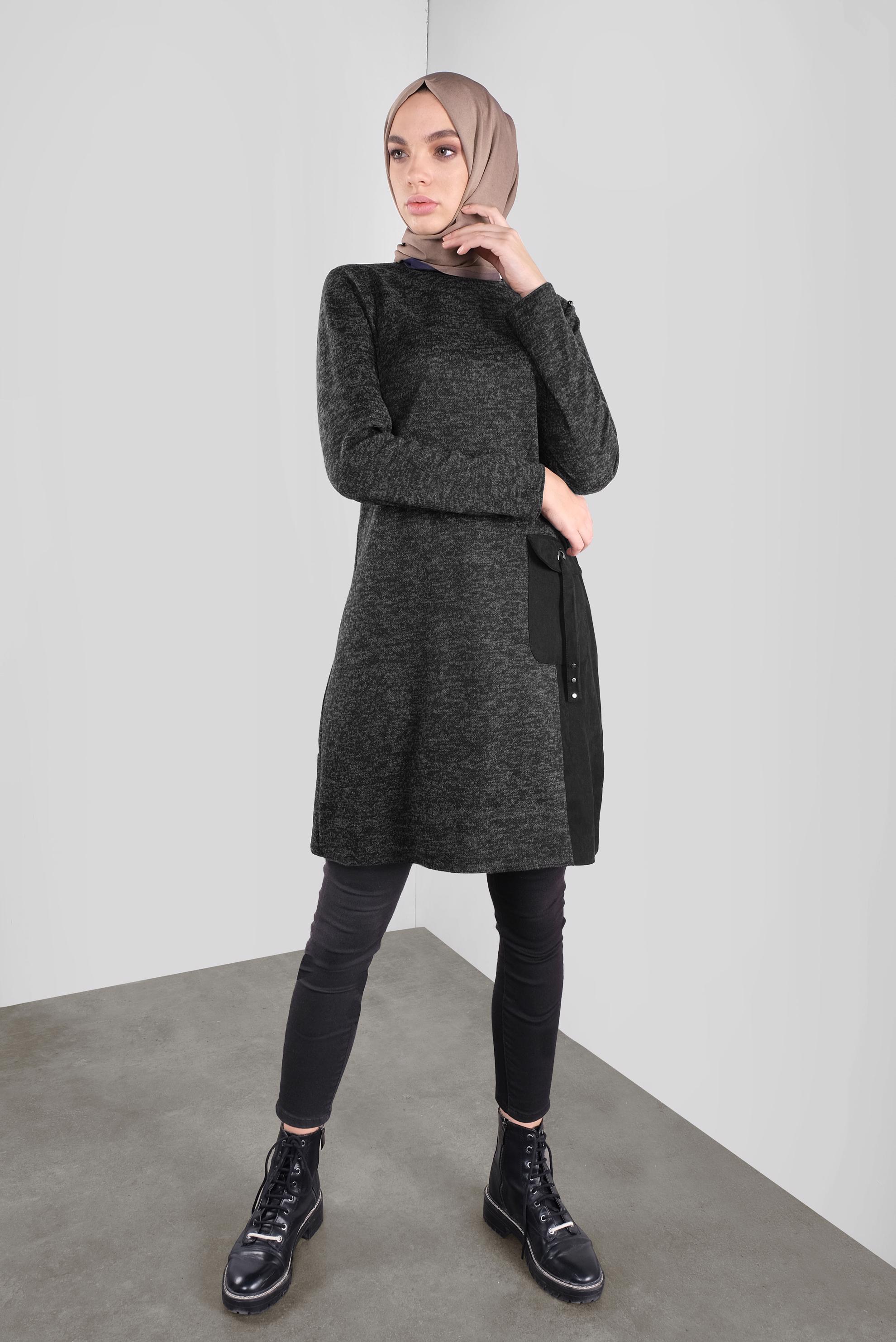Tesettür giyim SİYAH CEPLİ MİX KUMAŞ  TUNİK 41309