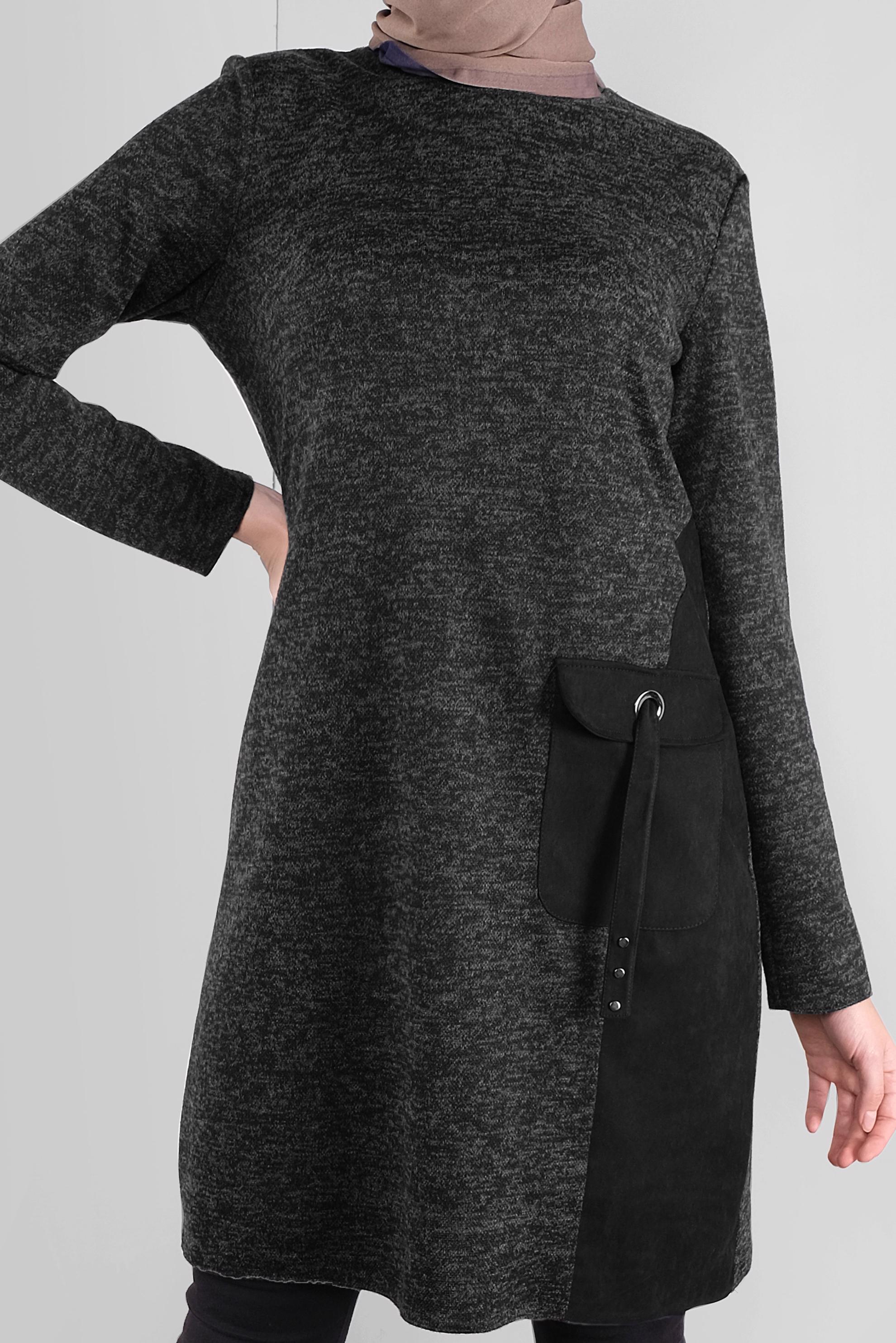 Tesettür giyim SİYAH CEPLİ MİX KUMAŞ  TUNİK 41309