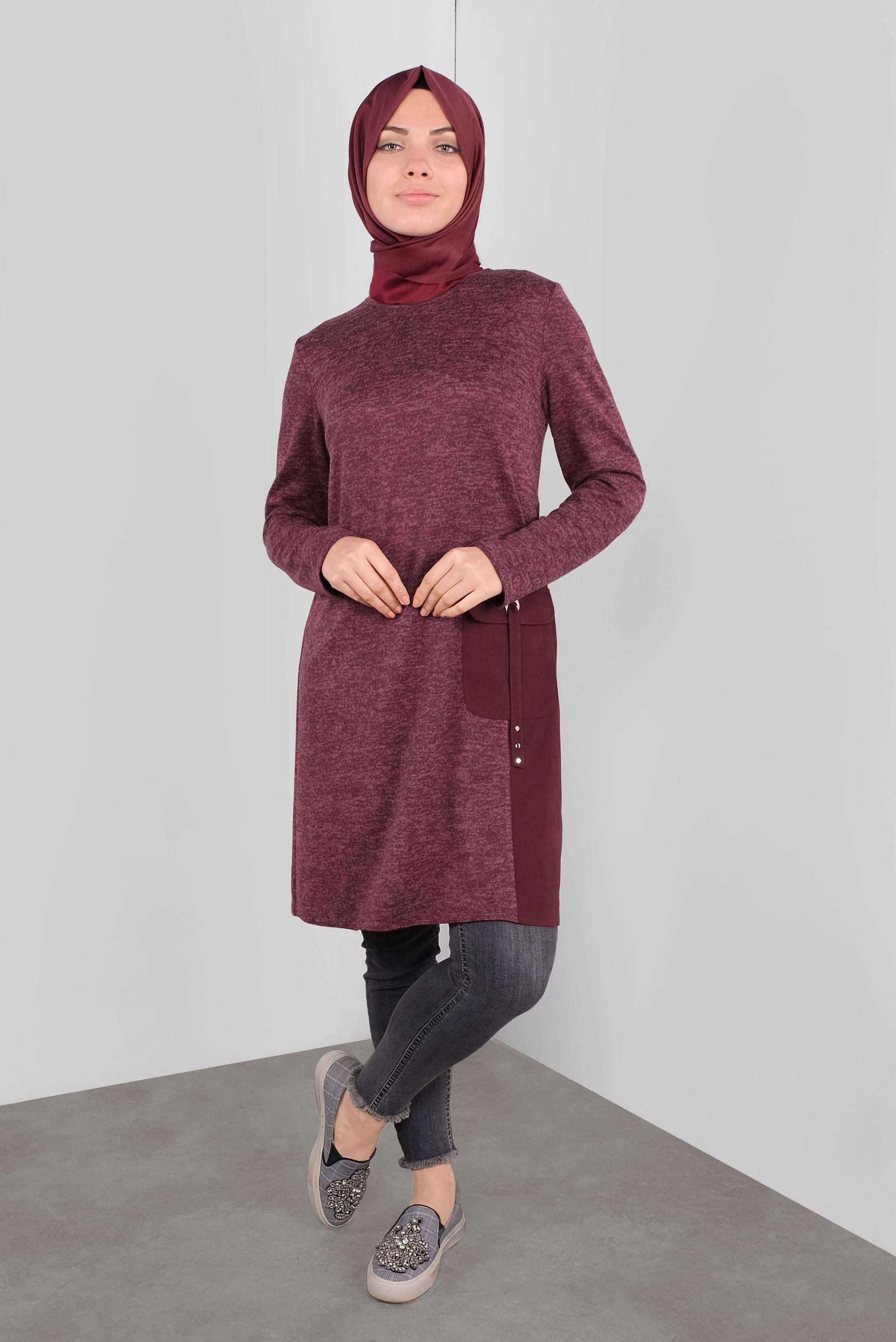 Tesettür giyim BORDO CEPLİ MİX KUMAŞ  TUNİK 41309
