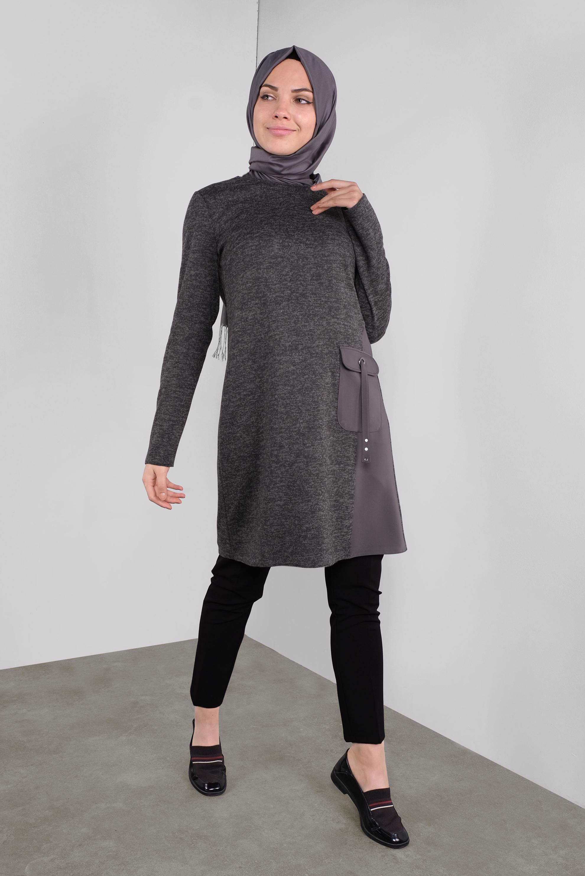 Tesettür giyim GRİ CEPLİ MİX KUMAŞ  TUNİK 41309