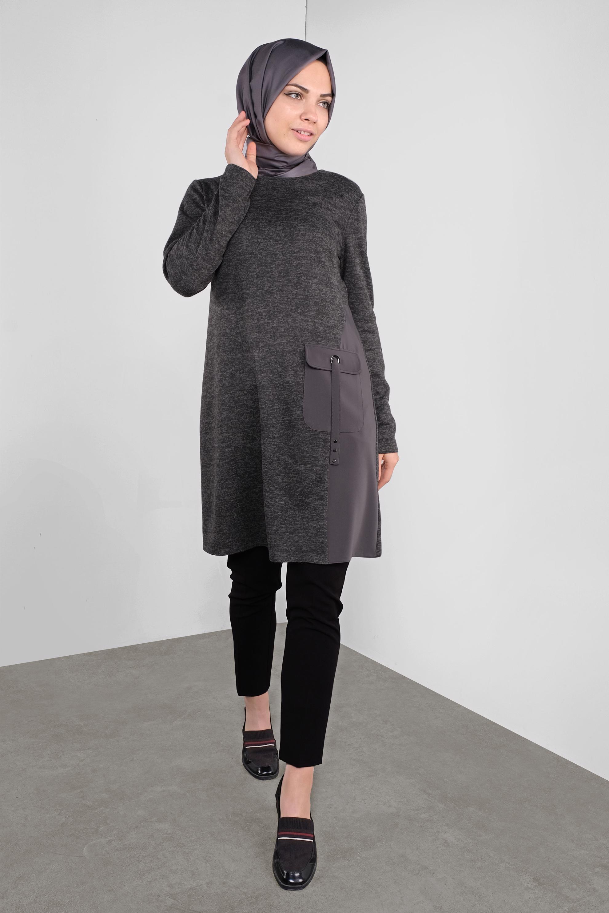 Tesettür giyim GRİ CEPLİ MİX KUMAŞ  TUNİK 41309