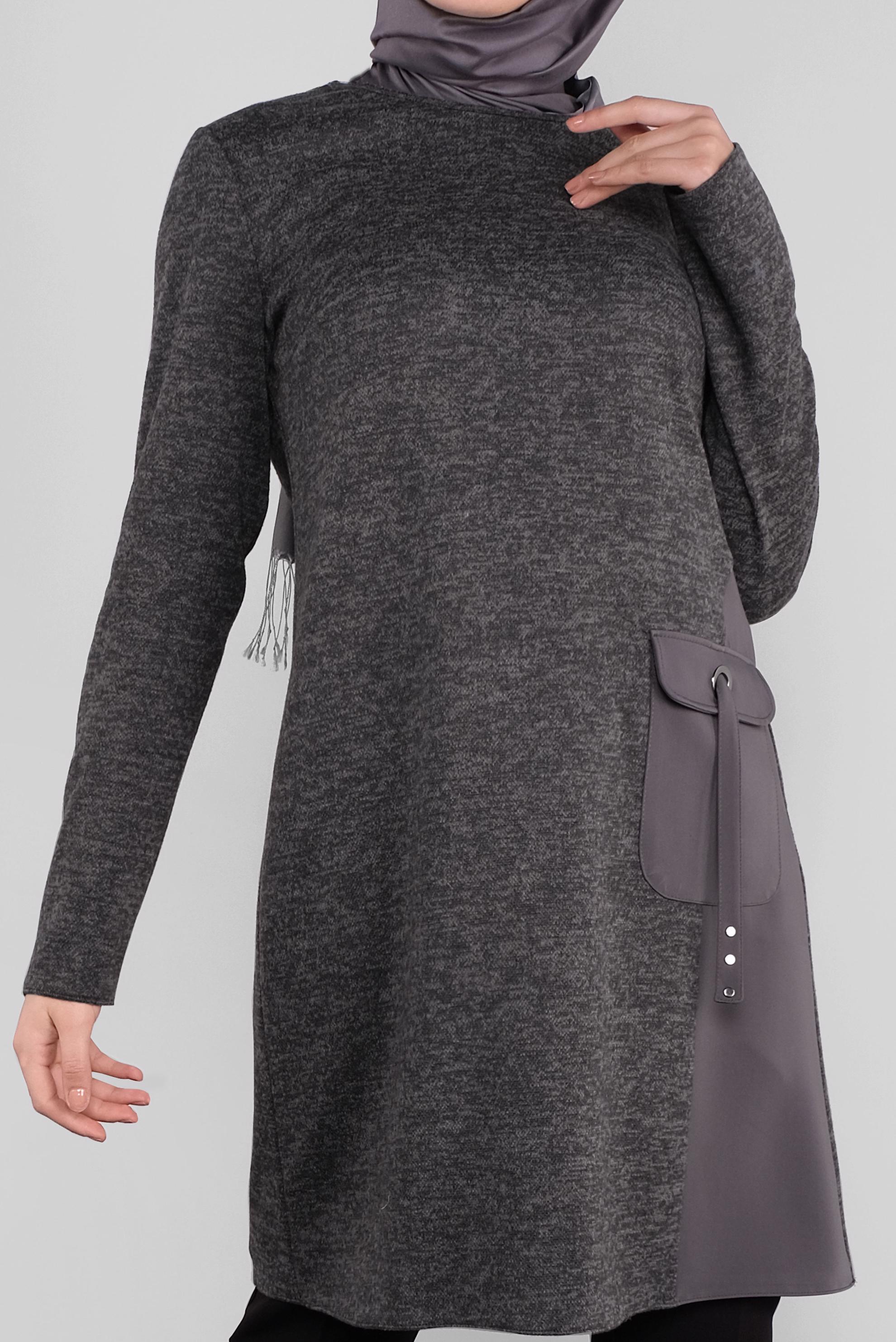 Tesettür giyim GRİ CEPLİ MİX KUMAŞ  TUNİK 41309