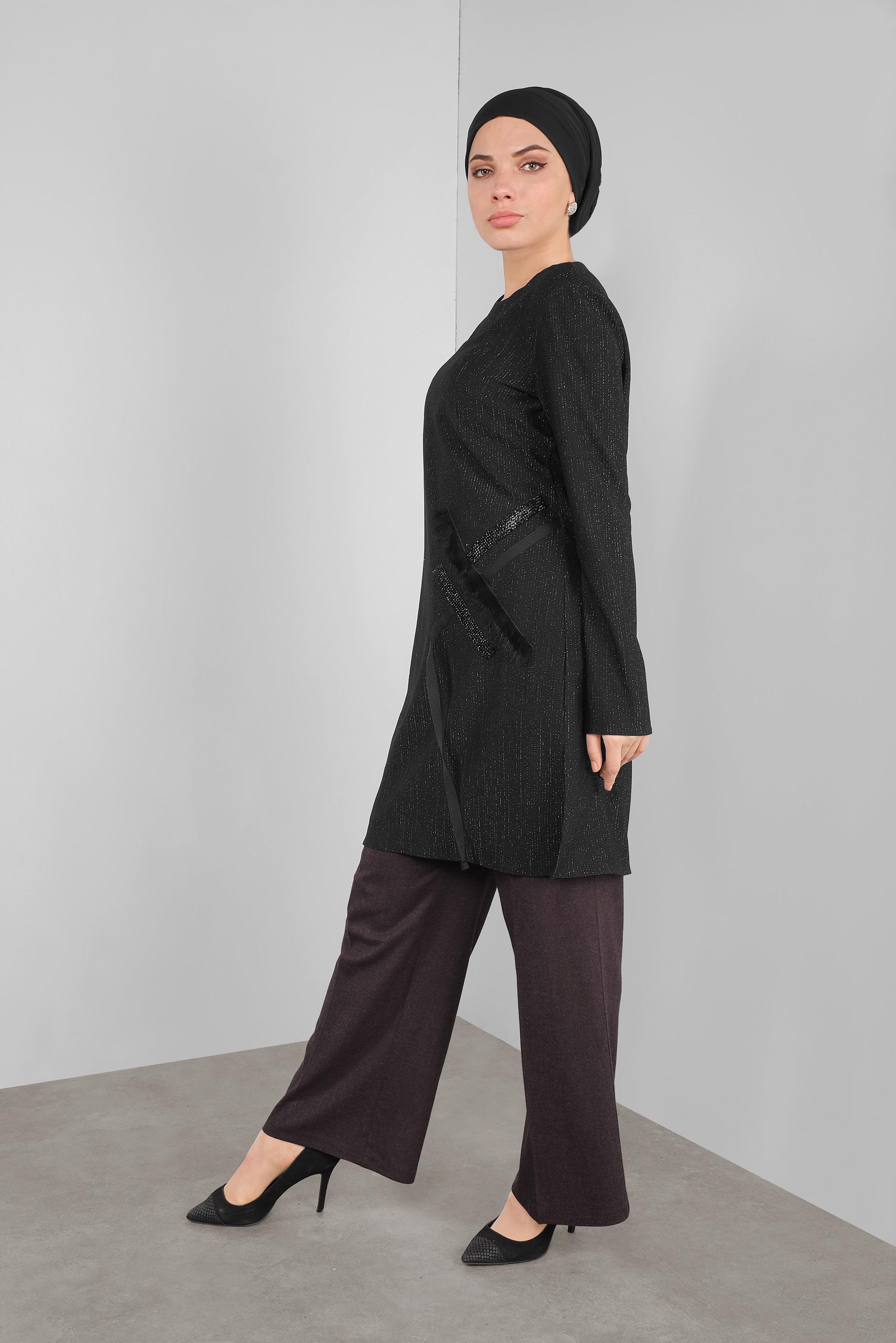 Tesettür giyim SİYAH SİMLİ TAŞLI TÜYLÜ TUNİK 41310